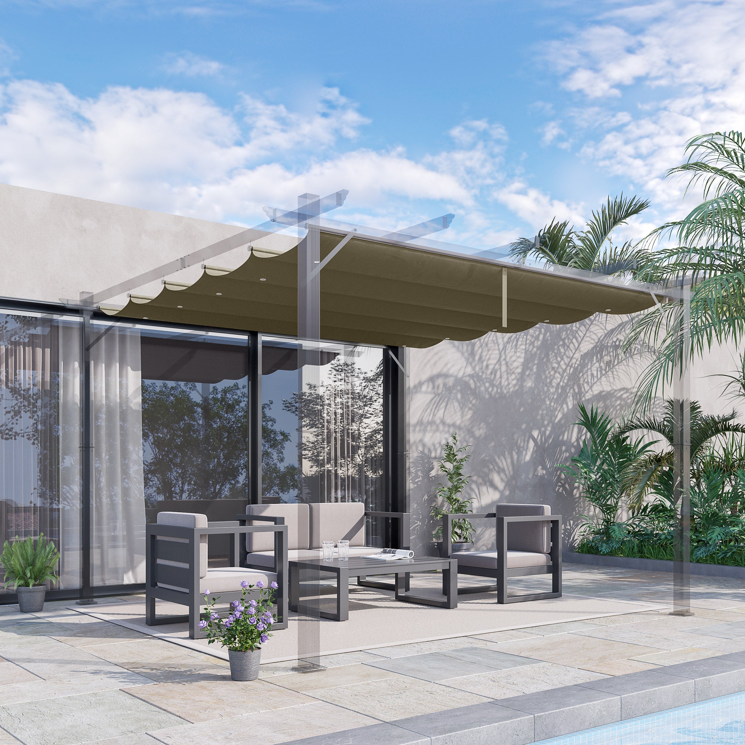 Outsunny Retractable Pergola Shade Cover, Replacement Canopy Fabric for 3 x 3 (m) Pergola, Gazebo Retractable Roof, Tan | Aosom UK