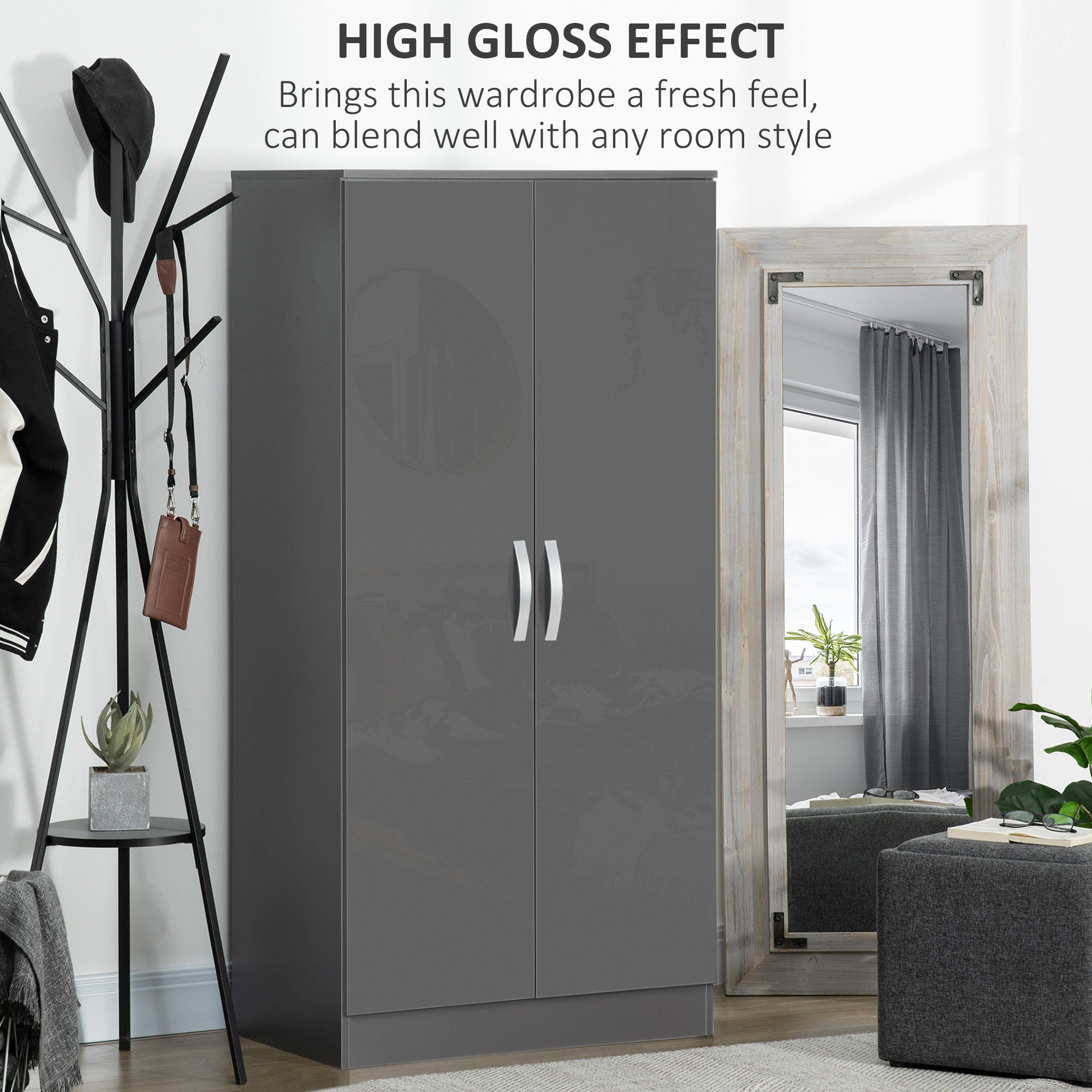 Kozy High Gloss Wardrobe, 2 Door Wardrobe with Hanging Rod and Storage Shelf, Clothes Storage Organizer with Anti-tipping Design for Bedroom, Grey