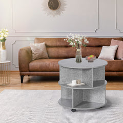 Kozy Round Coffee Table with Wheels, 3-Tier Rolling Side Table for Living Room with Divided Shelves, Cement Colour