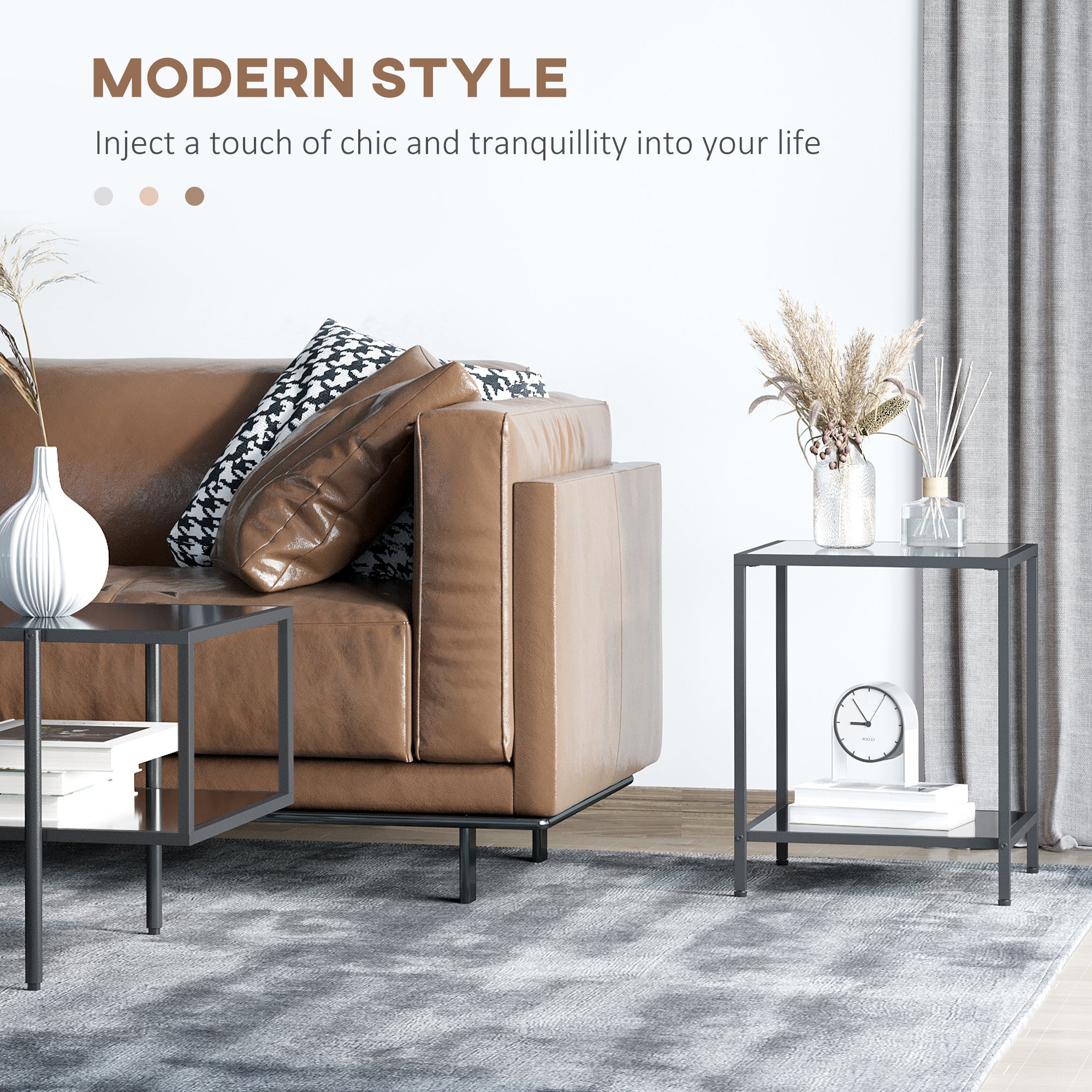 Kozy Tempered Glass Side Table with Storage, Modern 2-Tier Bedside Table with Steel Frame, Black