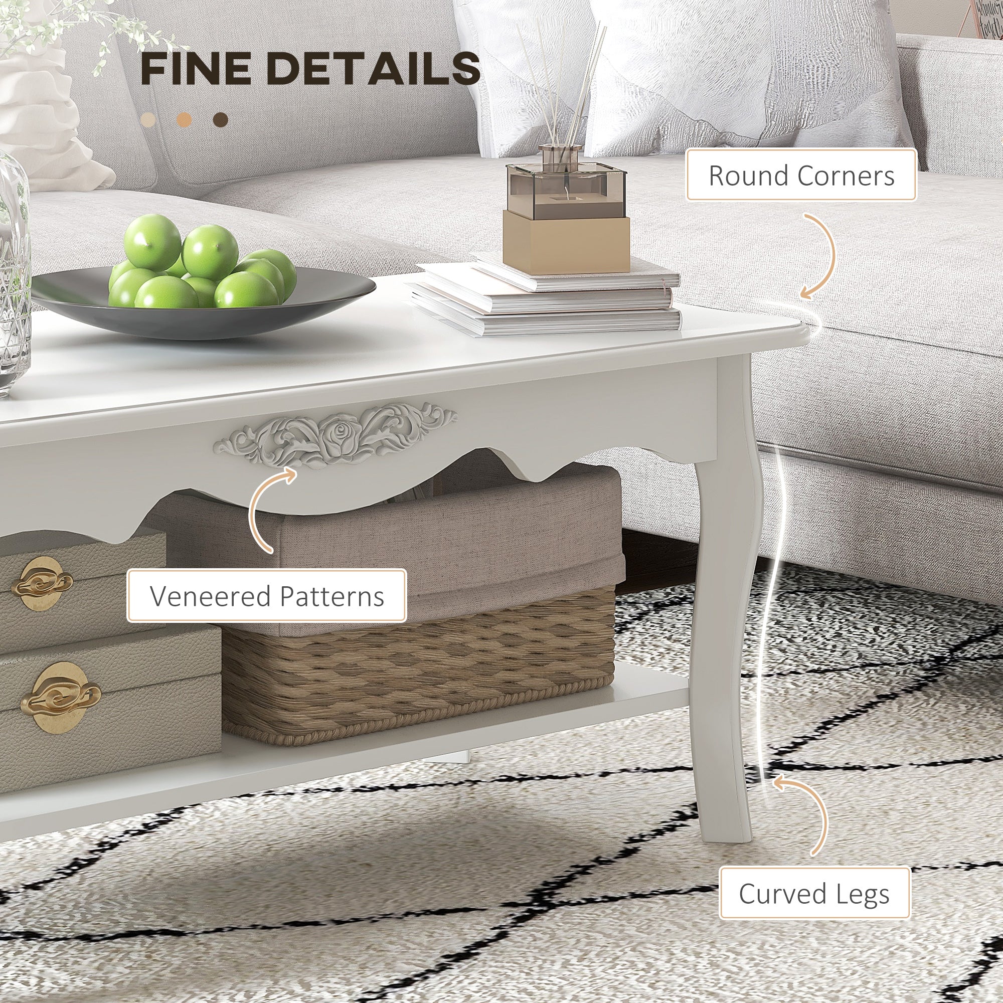 Kozy White Coffee Table Wood Cocktail Tea Centre Table with Storage Shelf for Living Room Reception Room, 94L x 44W x 42H cm