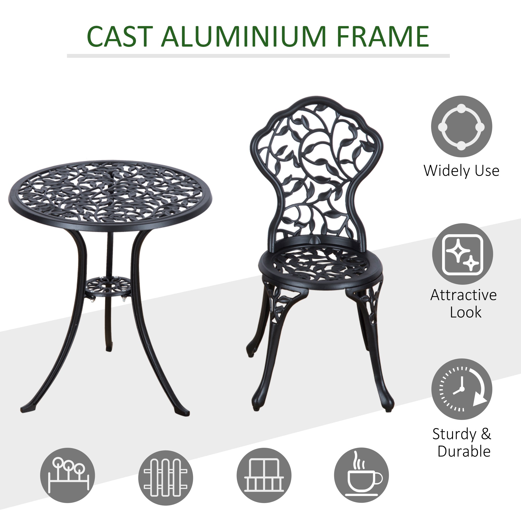 Kozy 3 Pcs Aluminium Bistro Set Garden Furniture Dining Table Chairs Antique Outdoor Seat Patio Seater Black