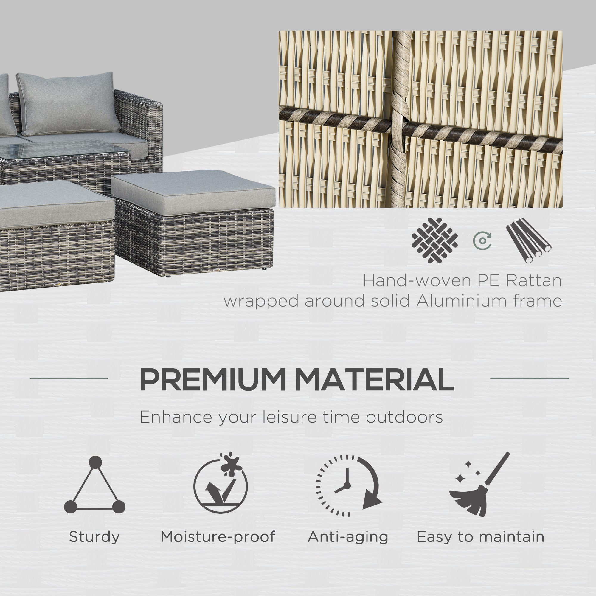 Kozy Five Piece Rattan Armchair, Stool and Table Set - Mixed Grey