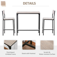 Kozy 3-Piece Bar Table Set with 2 Stools, Industrial Breakfast Bar Set with Footrest, Backrest for Dining Room, Small Space