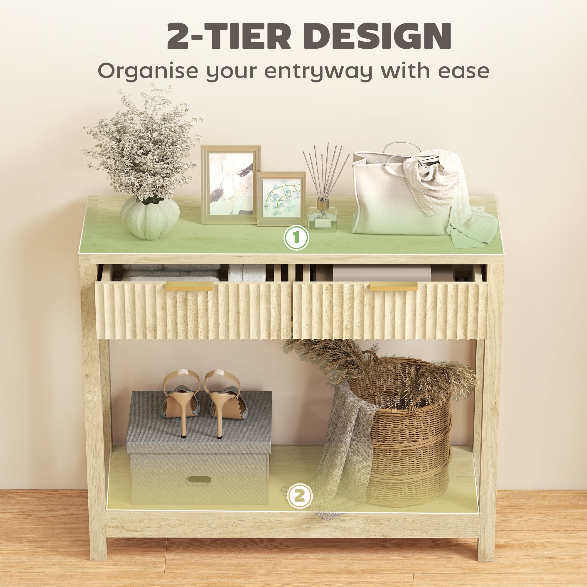 Kozy - Modern Console Table with Fluted Panel Drawers, Narrow Hallway Table with Shelf for Entryway, Living Room, 90 x 30 x 76 cm, Natural Wood Finish