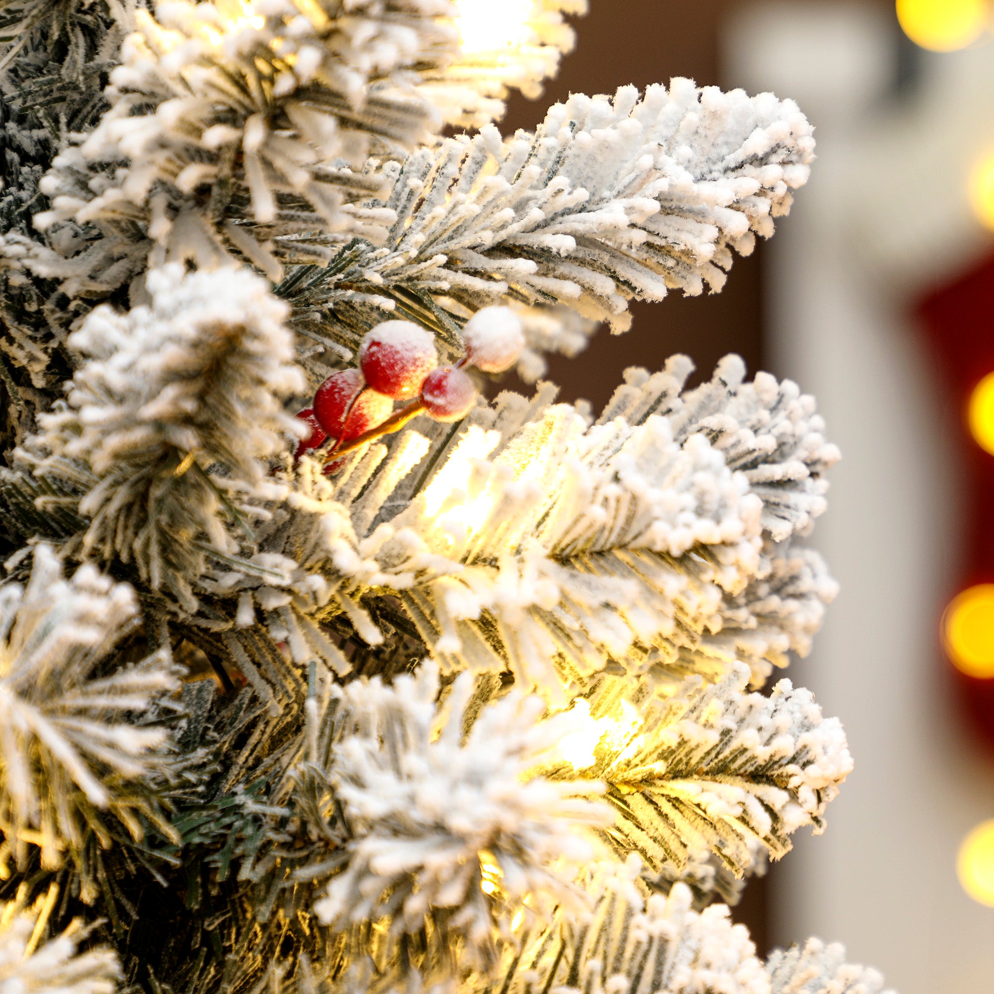 Kozy - 60 cm Prelit Small Christmas Tree with 35 LED Lights, Snow Flocked Tabletop Mini Xmas Tree with 72 Dense Branches, Pine Cones, Berry Clusters and Linen Cover Base, Battery Operated, Green