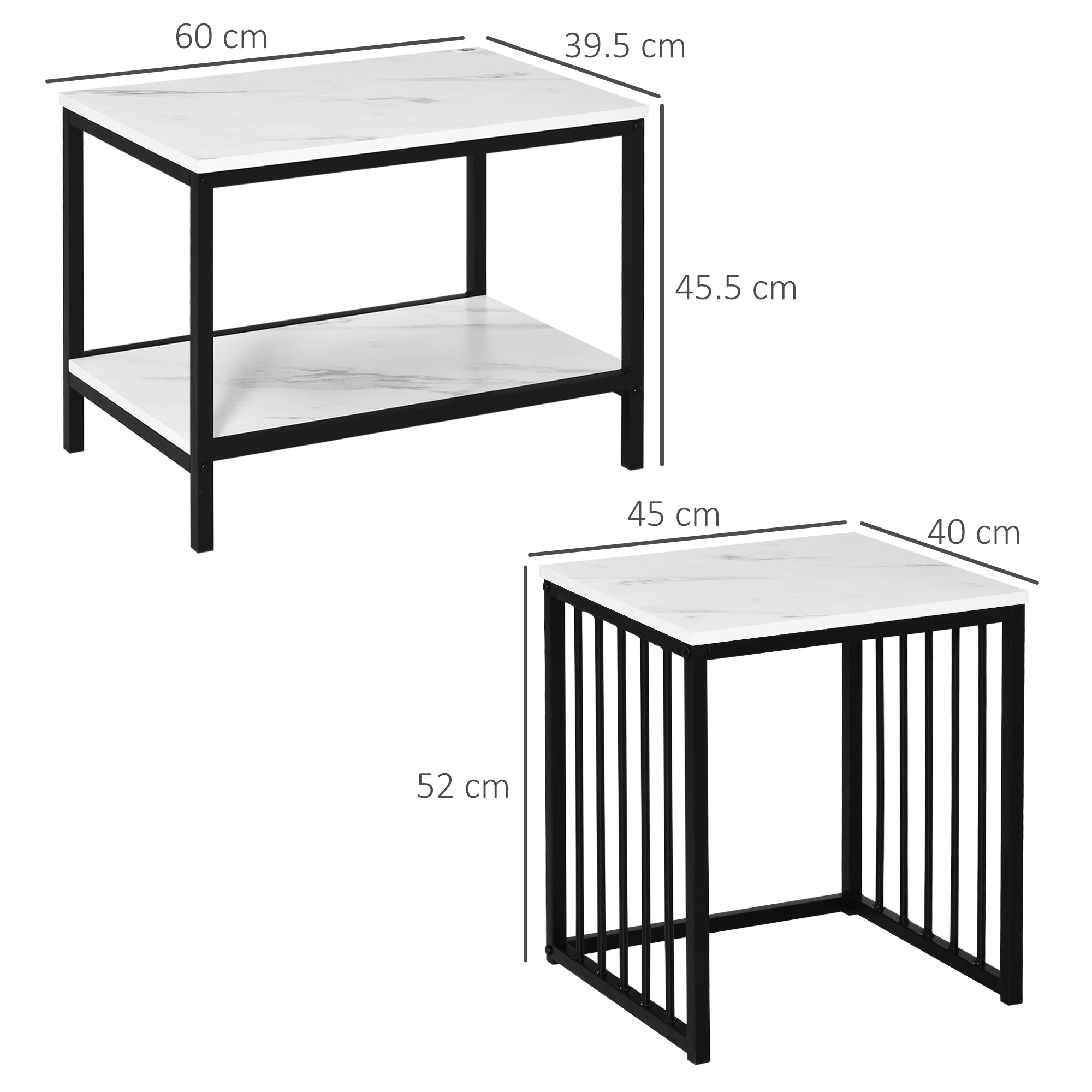 Kozy Modern Coffee Table Set of Two, Marble-Effect Nesting Side Tables with Steel Frame for Living Room, White, Black
