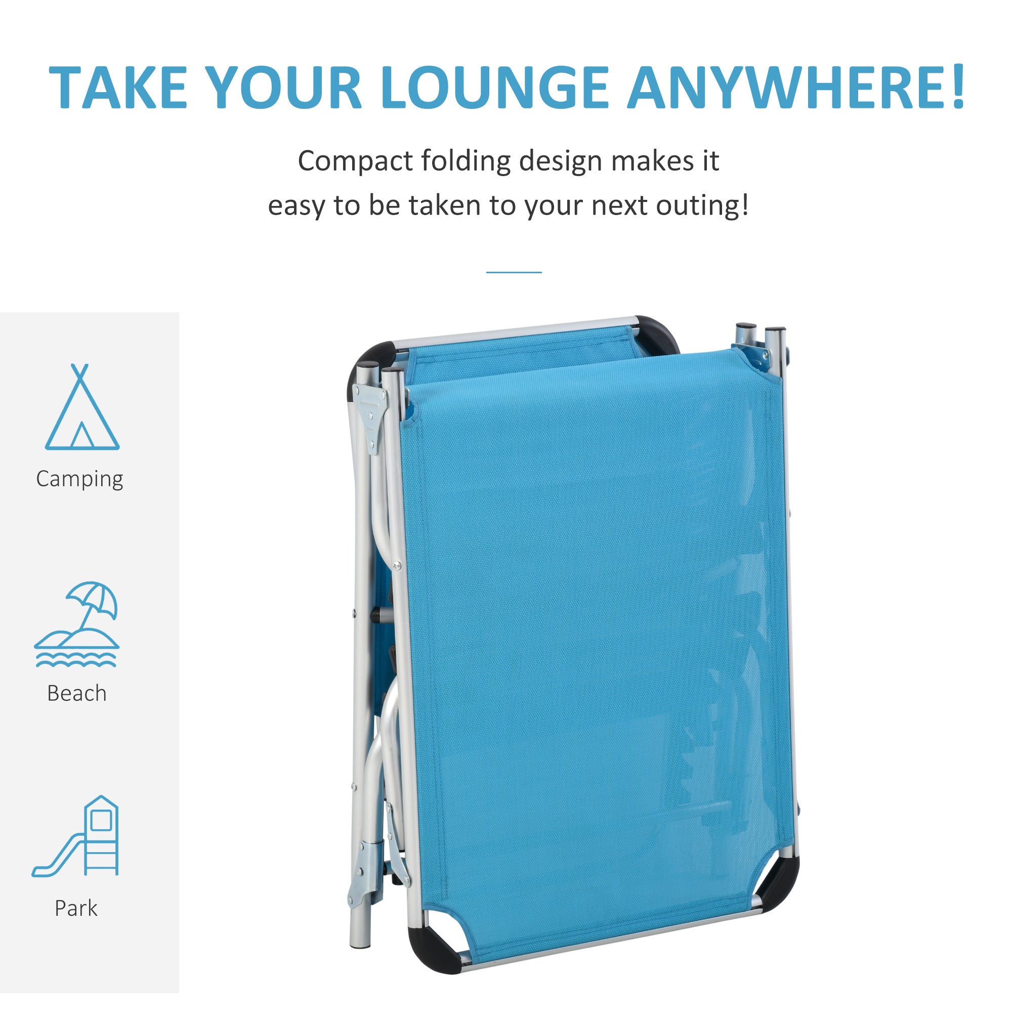 Kozy Foldable Outdoor Sun Lounger, Reclining Lounge Chair Camping Bed Cot with Pillow 4-Level Adjustable Back Aluminium Frame, Blue