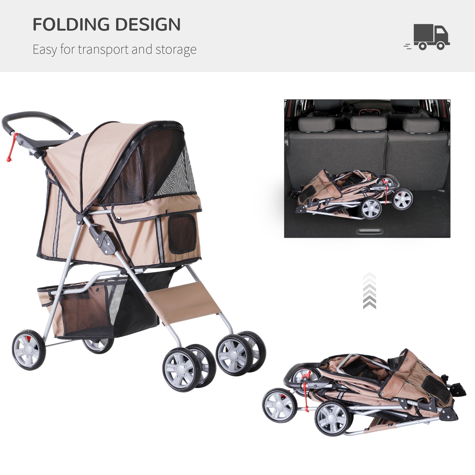 PawHut Pet Stroller Dog Pram Foldable with Wheels, Zipper Entry, Cup Holder, Storage Basket, Brown