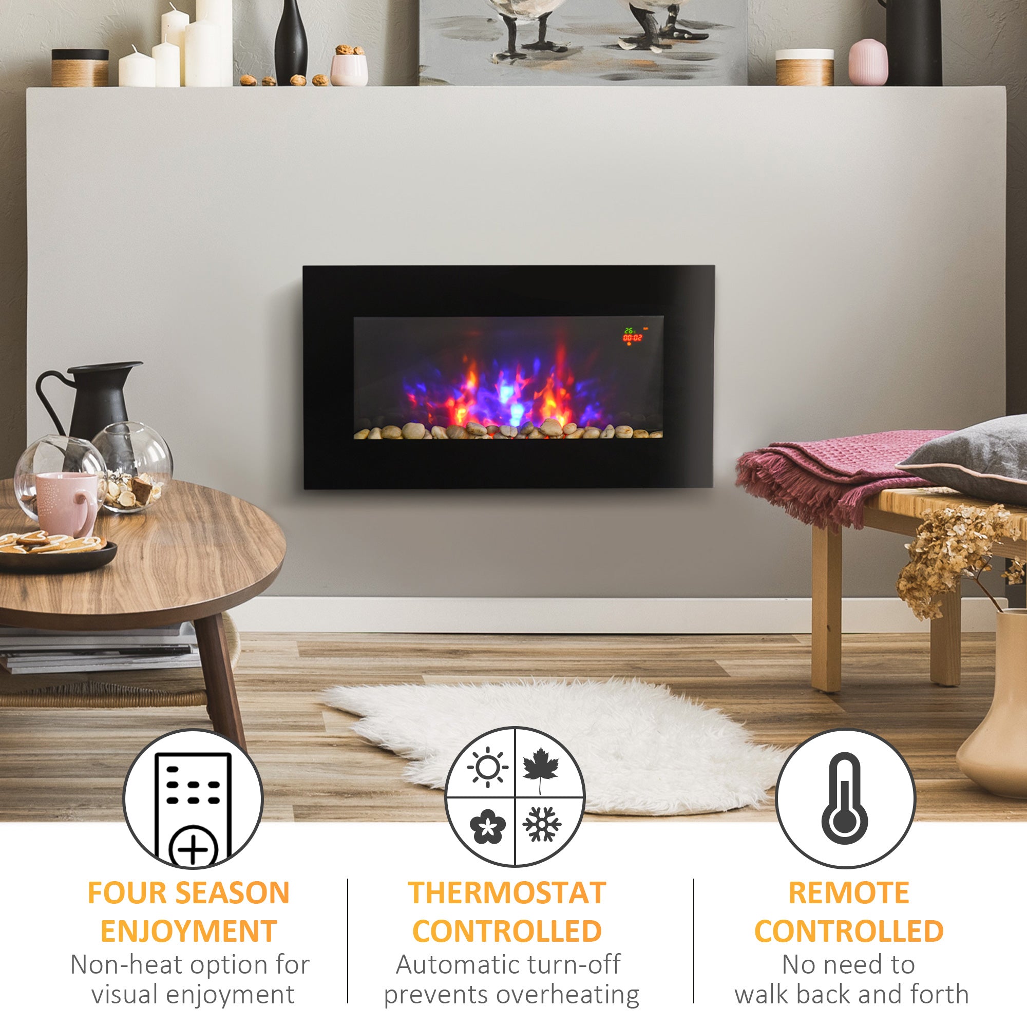 Kozy - 1000W/2000W Electric Wall Fireplace w/ LED Flame Effect Timer Remote Sleek Stylish Safe Home Heating 20-25㎡