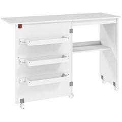 Kozy - Folding Sewing Table, Drop Leaf Craft Table with Storage Bins, Open Shelf and Wheels, Rolling Sewing Machine Cabinet Computer Desk for Small Space, White