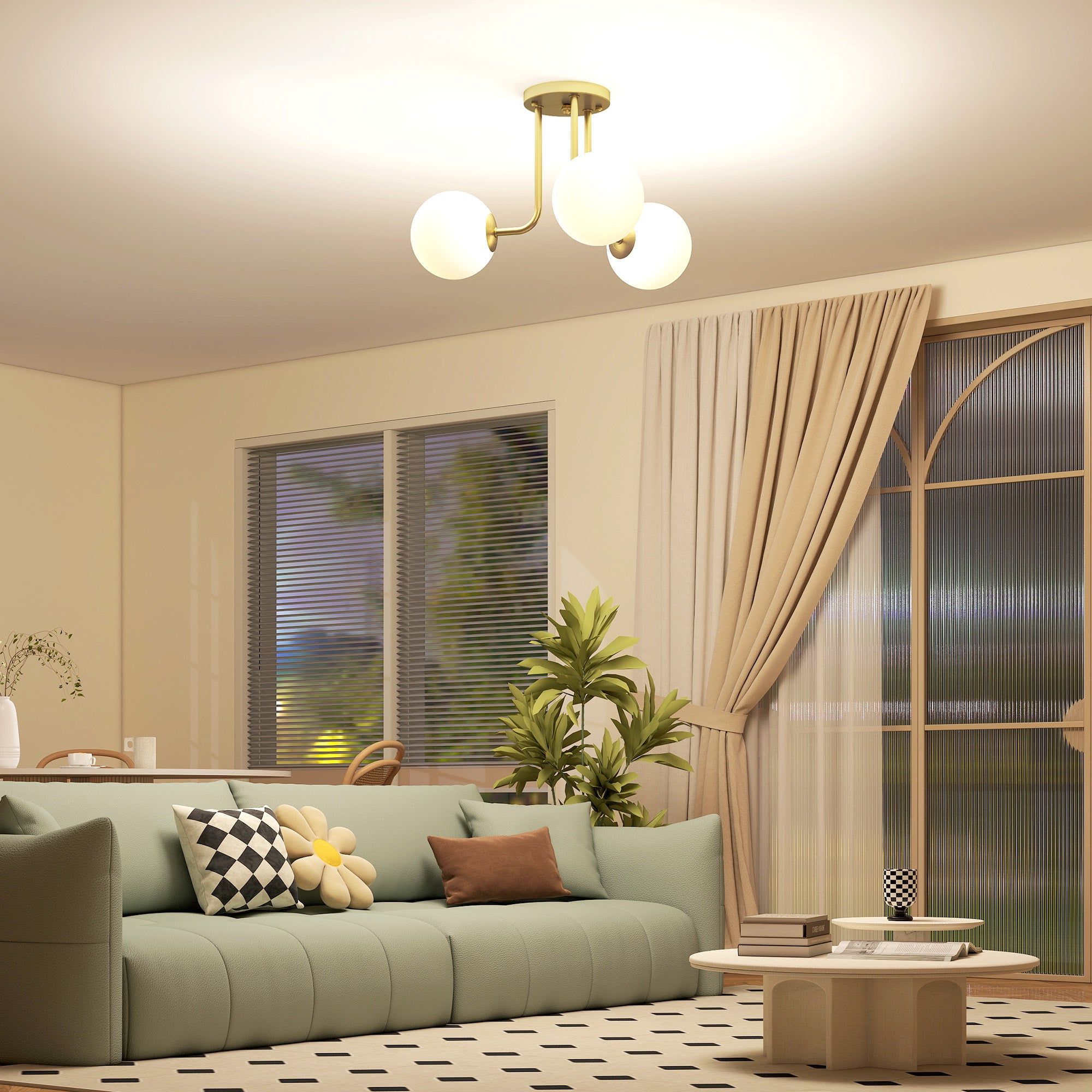 Kozy LED Ceiling Light with Globe Shades, Modern 3-Light Ceiling Light with G9 Sockets for Living Room, Bedroom, Dining Room, Bulbs Not Included, Gold Tone