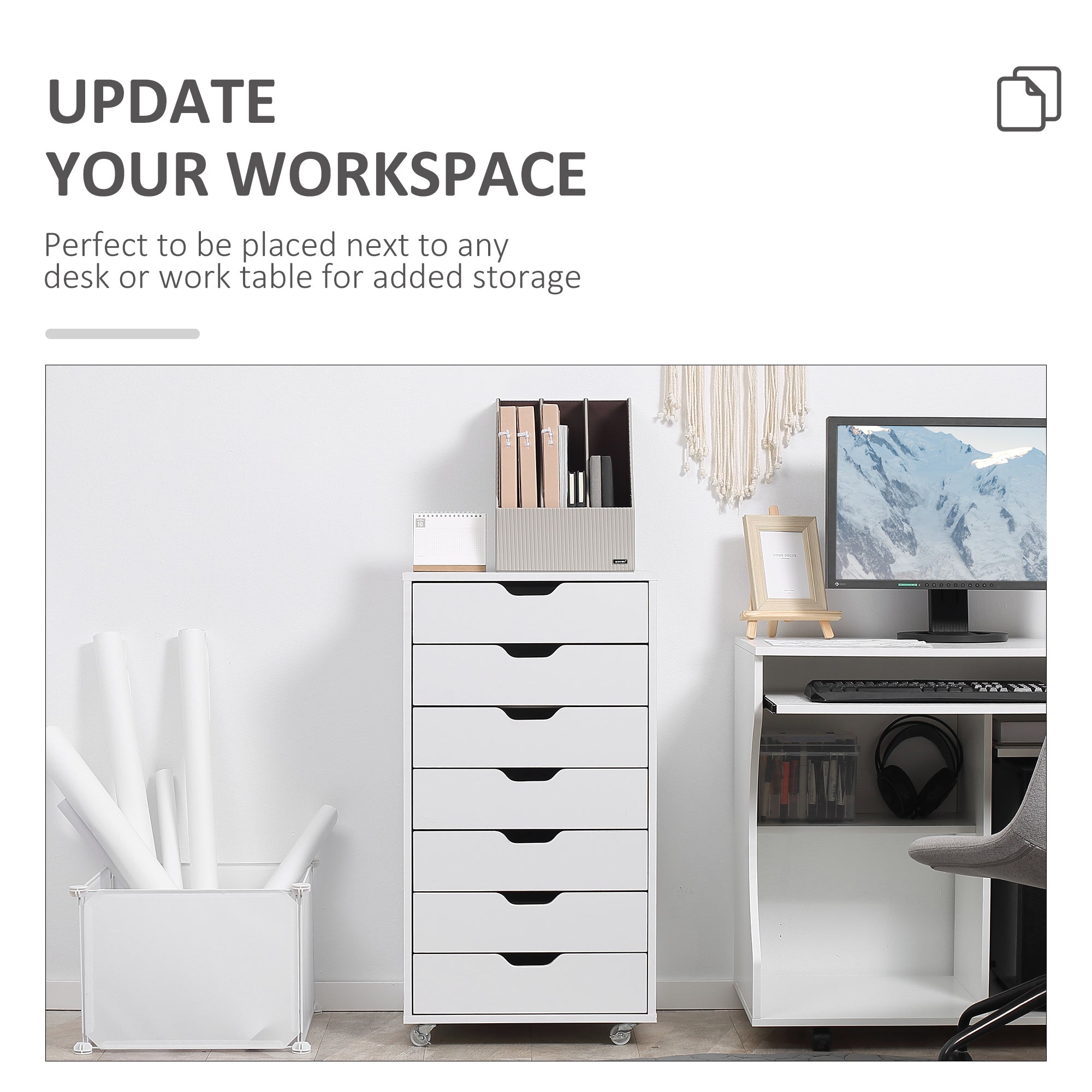 Kozy Seven-Drawer Filing Cabinet, with Wheels - White