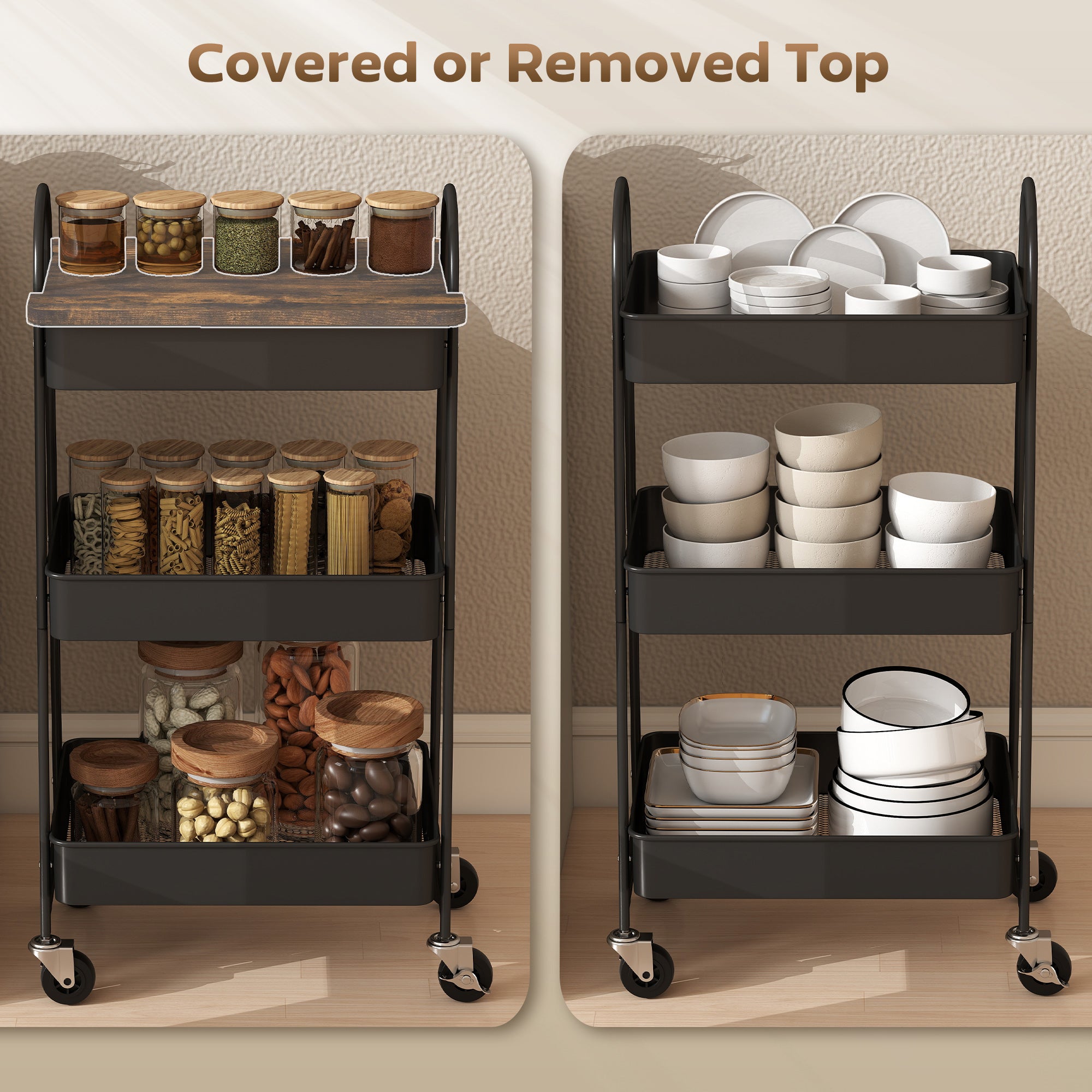 Kozy - 3-Tier Kitchen Storage Trolley with on Wheels Cover Top Board - Rustic Brown and Black