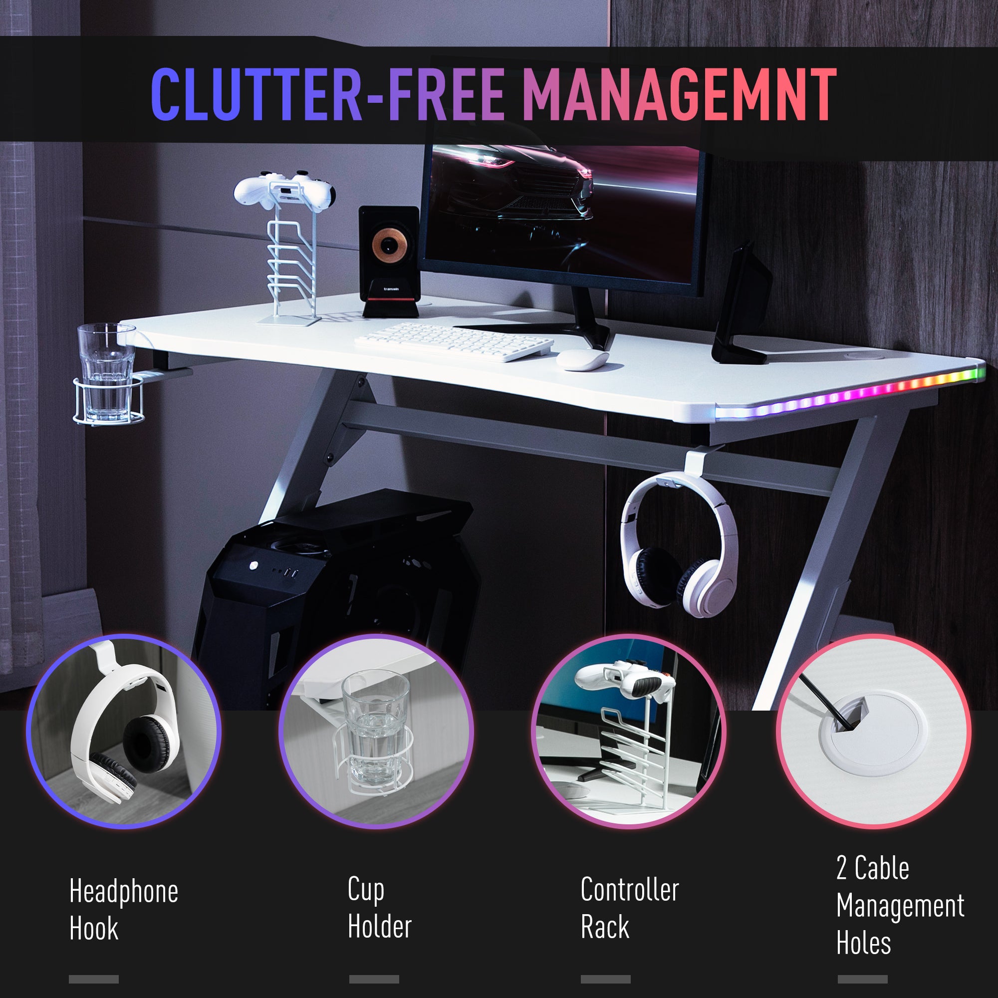 Kozy RGB 120 x 66cm Gaming Desk, Computer Table with Carbon Fibre Surface, Headphone Hook, Cup Holder, Controller Rack, Home Office Desk, White