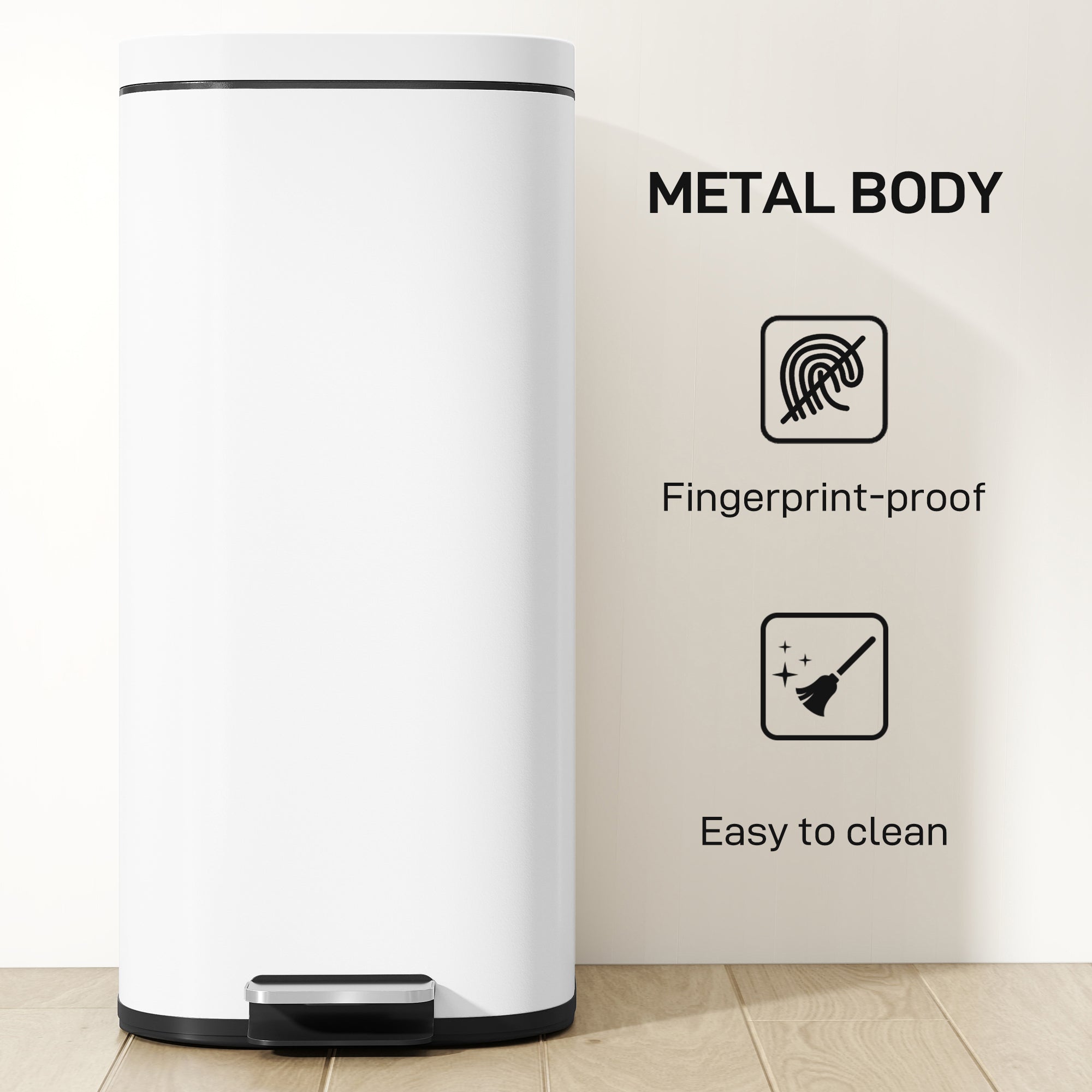 Kozy 30L Kitchen Bin, Compact Pedal Bin with Soft-Close and Stay-Open Lid, Removable Bucket for Kitchen, Home, Office, White