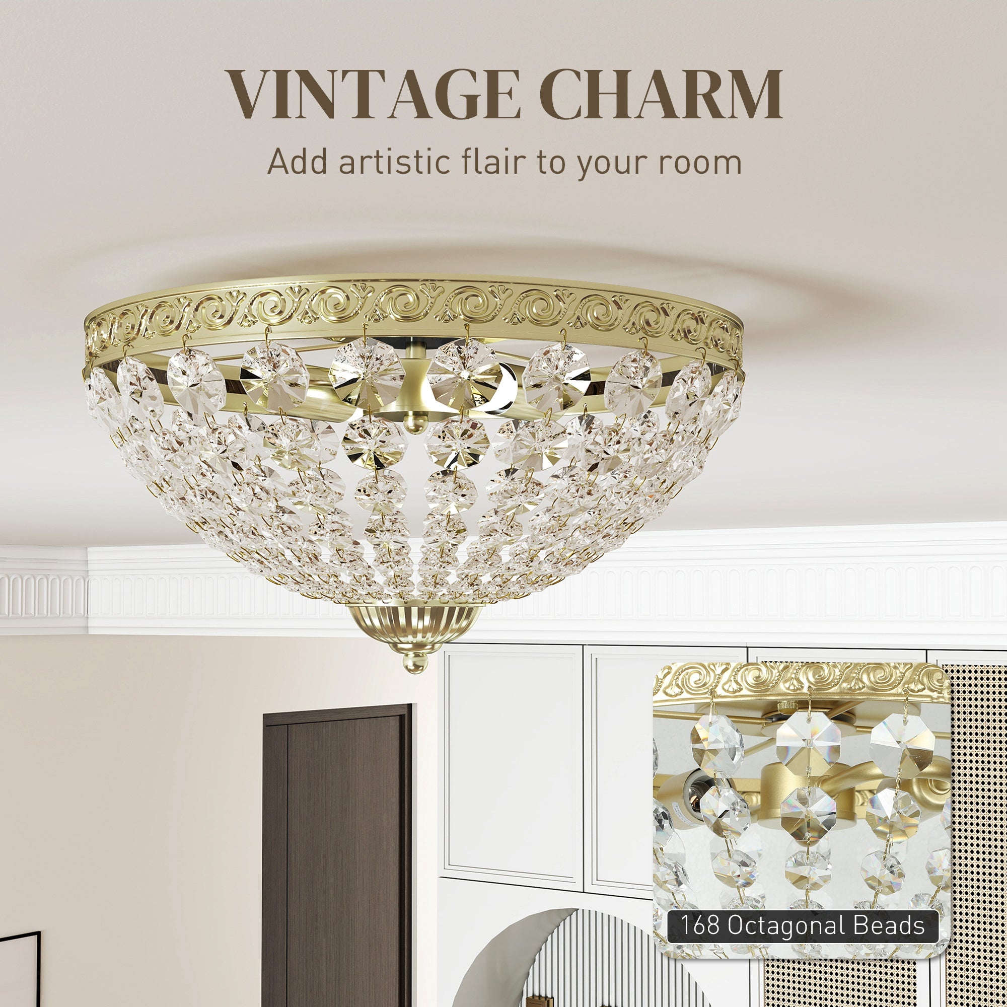 Kozy Crystal Chandelier Ceiling Light with 168 Octagonal Beads, Vintage 2-Light Flush Mount Ceiling Light for Living Room, Bedroom, Hallway, Dining Room, Gold Tone