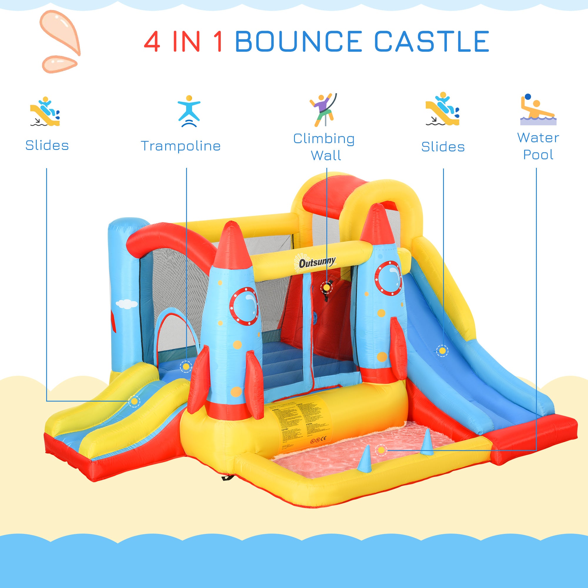 Kozy Bounce Castle Inflatable Trampoline Slide Pool Rocket Design 3.4 x 2.8 x 1.85m