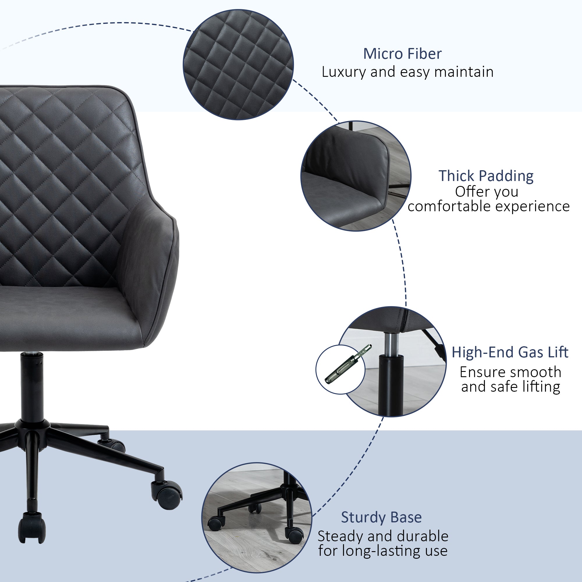 Kozy Office Desk Chair, Leather-Feel Fabric Computer Swivel Chair with Rolling Wheels and Adjustable Height for Home, Grey
