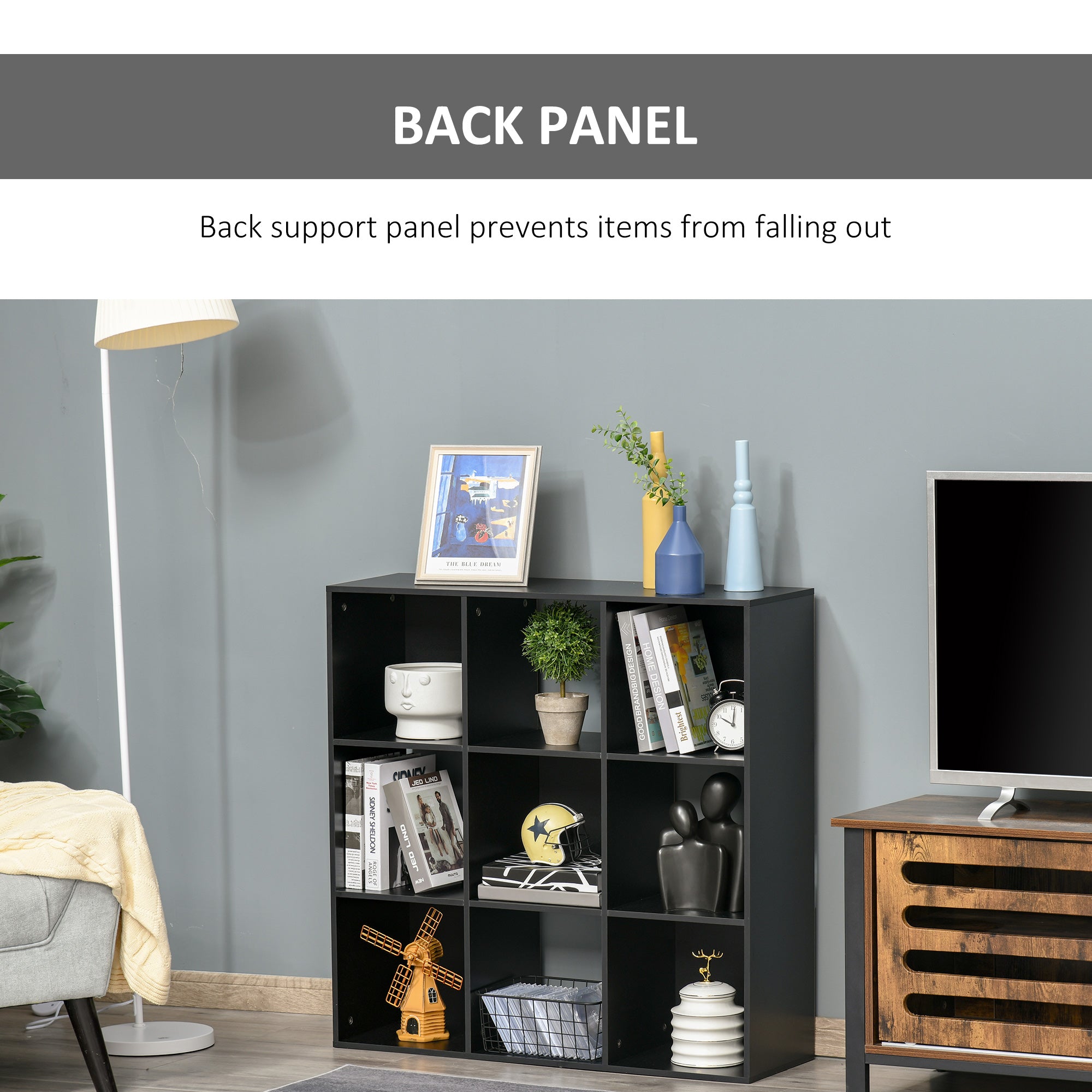 Kozy 3-tier 9 Cubes Storage Unit Particle Board Cupboard Bookcase Organiser Home Office Shelves, Black