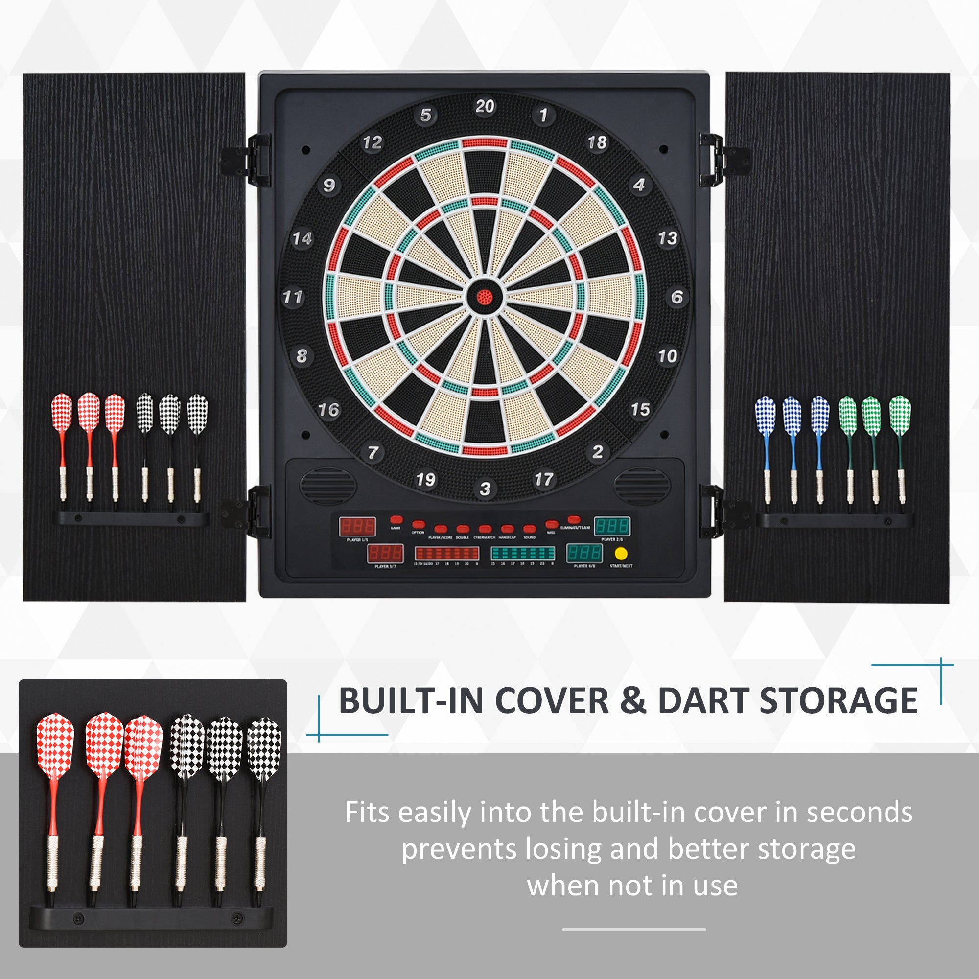 Kozy Electronic Dartboard Set, 27 Games Modes and 202 Variations, LED & 12 Soft Tip Darts and Cabinet to Storage, Ready-to-Play Multi-Game Option Darts Machine