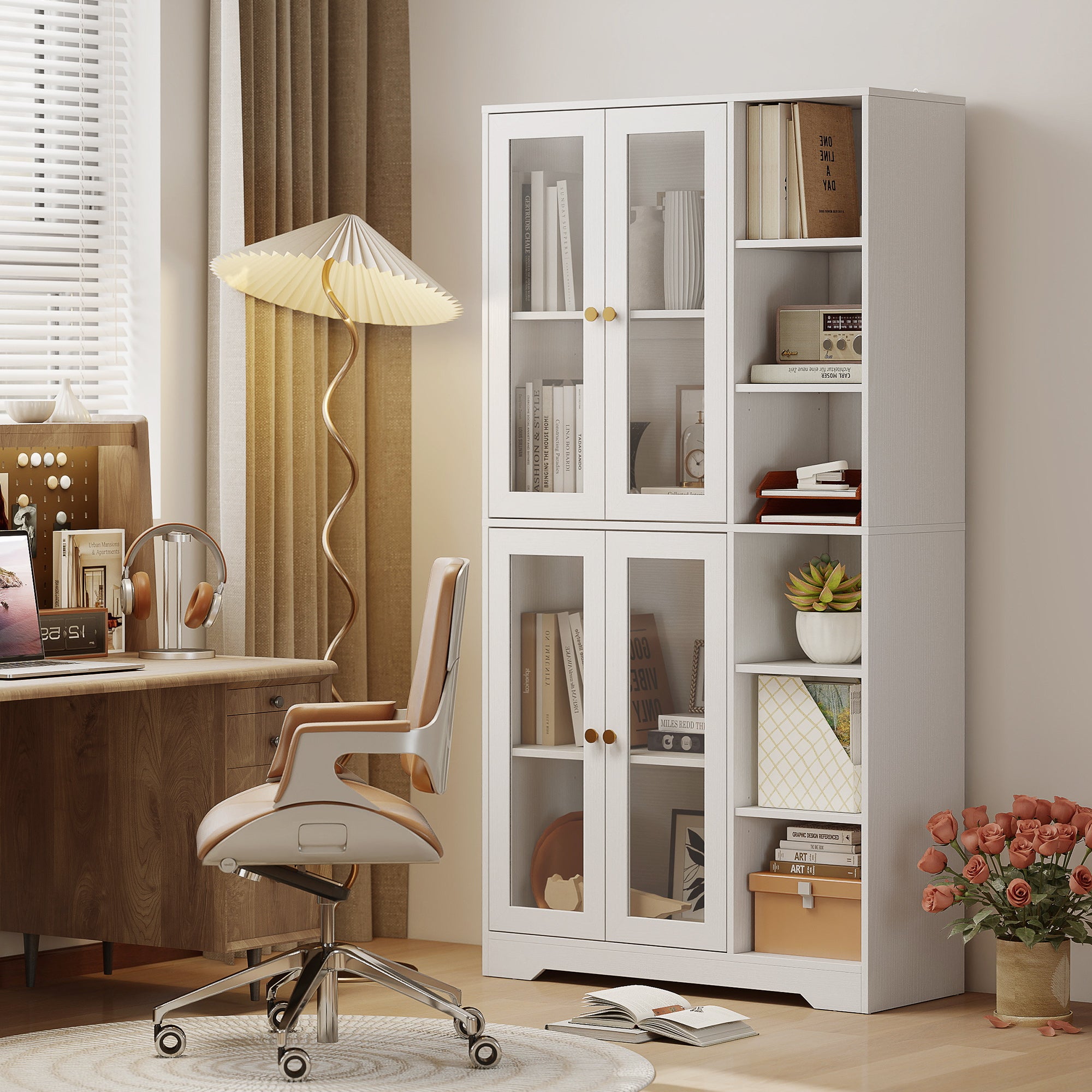 Kozy Multi-Storage Kitchen Cabinet, with Glass Doors - Grey Wood-Effect