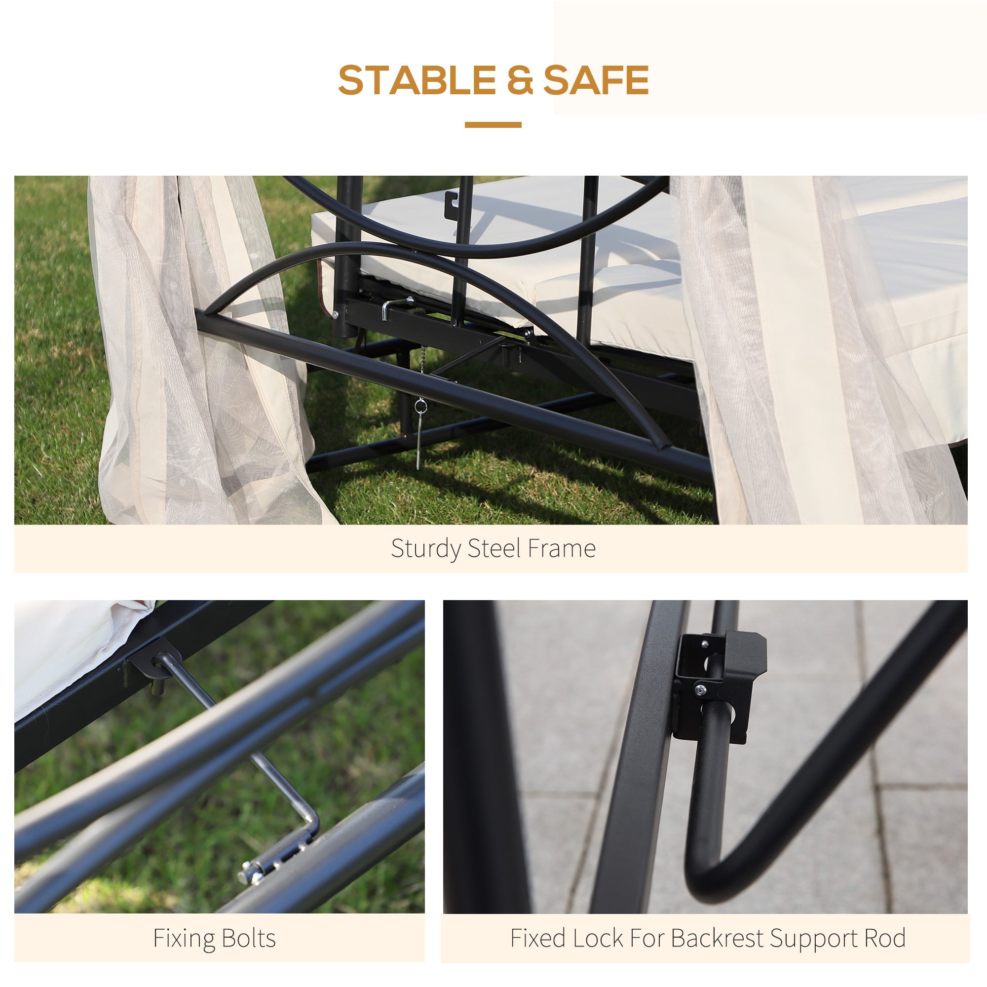 Kozy 2-in-1 Convertible Gazebo Swing Chair Bed W/Netting, 245Lx165Wx243H cm-Beige/Black