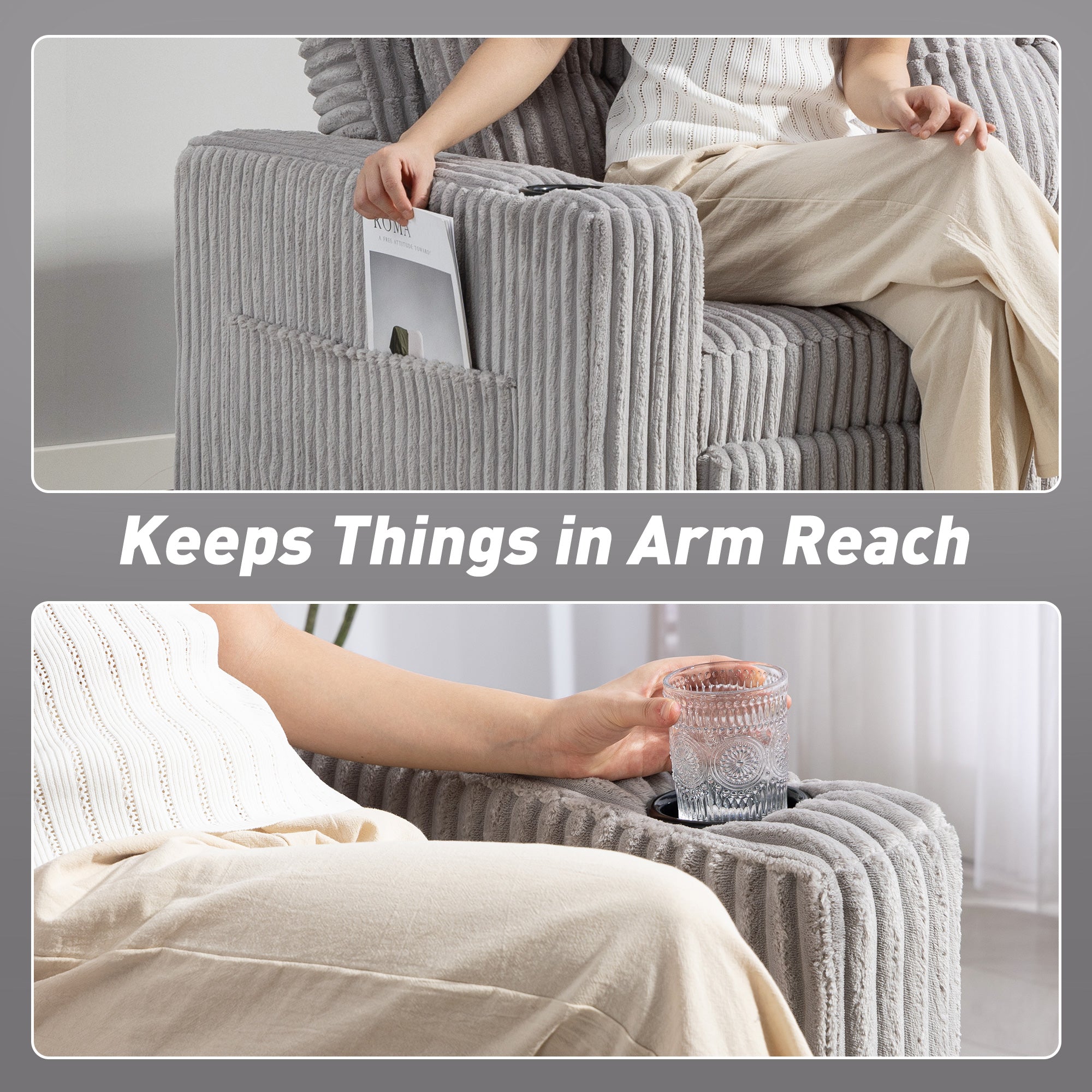 Kozy 2 Seater Click Clack Sofa Bed with Pull Out Design, Corduroy Upholstery - Light Grey