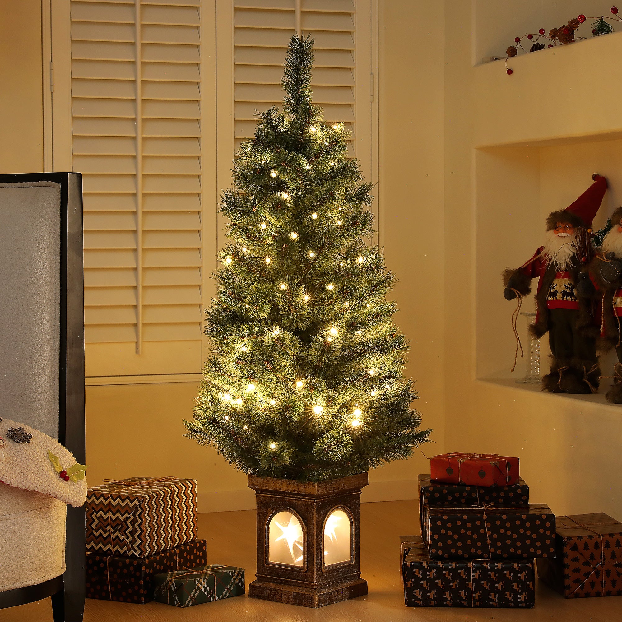 Kozy - 4ft Artificial Christmas Tree with 80 Warm White LED Lights, 8 Modes and Remote, Realistic Xmas Tree with Square Stand for Party Decoration, Green