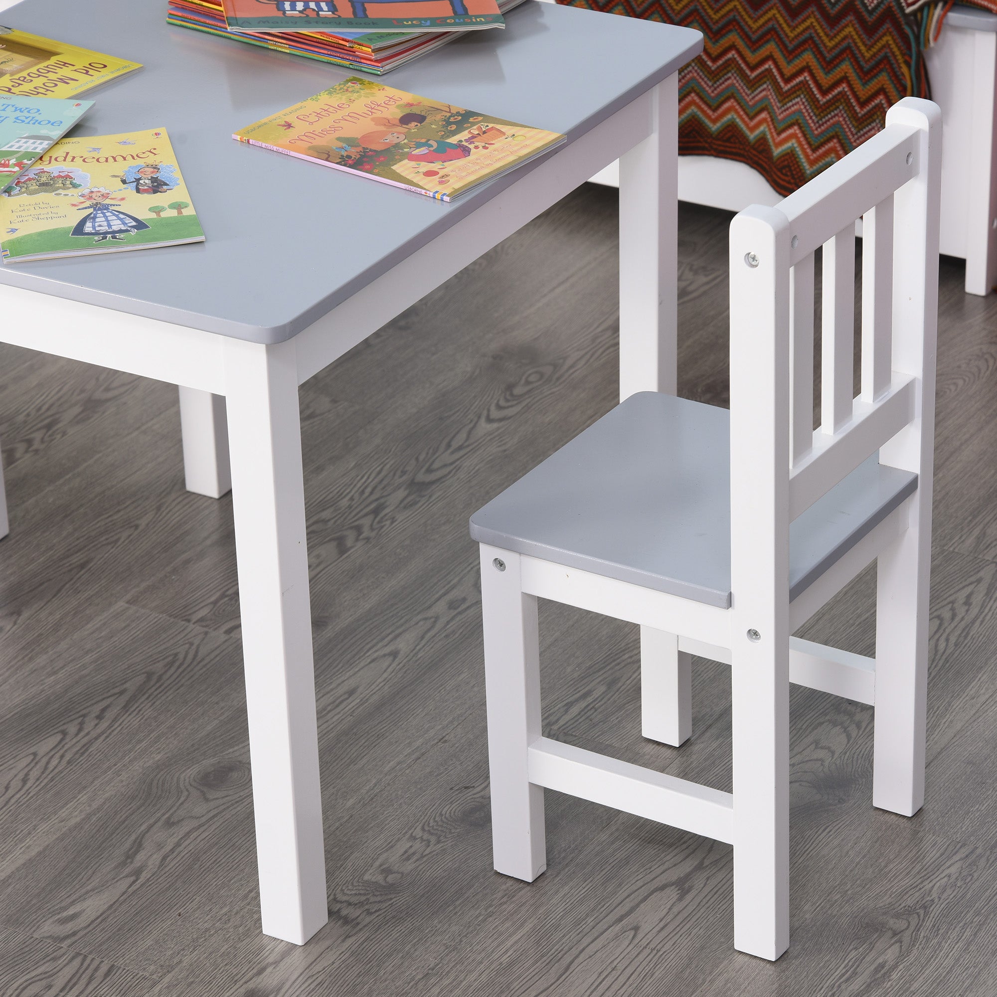 Kozy Kids Table and Chair Set 3 Pieces Toddler Preschoolers Desk with 2 Chairs for Indoor Study Rest Snack Time Grey