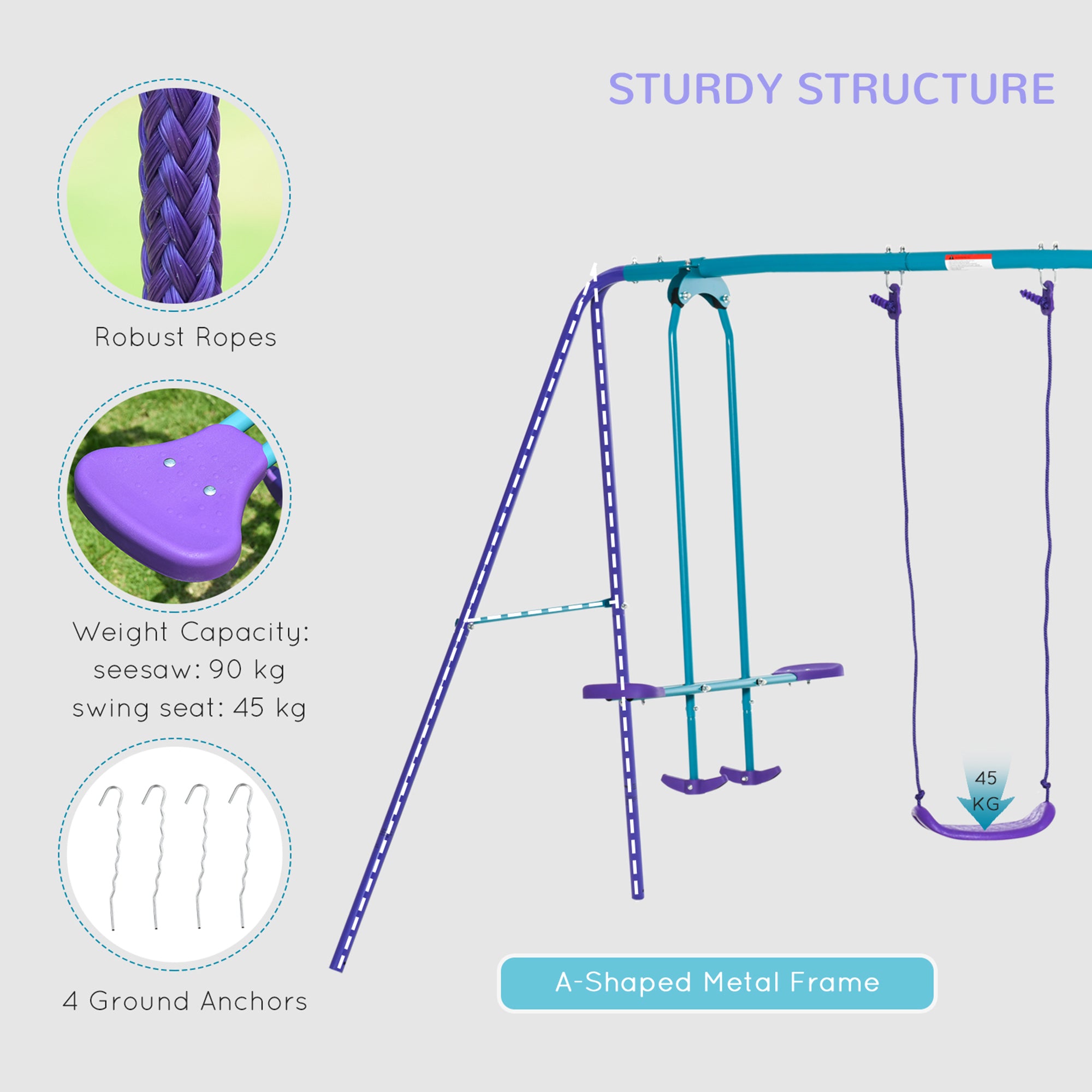 Kozy Metal Swing Set, with Seesaw, Adjustable Height, for Ages 3+ Years, Purple