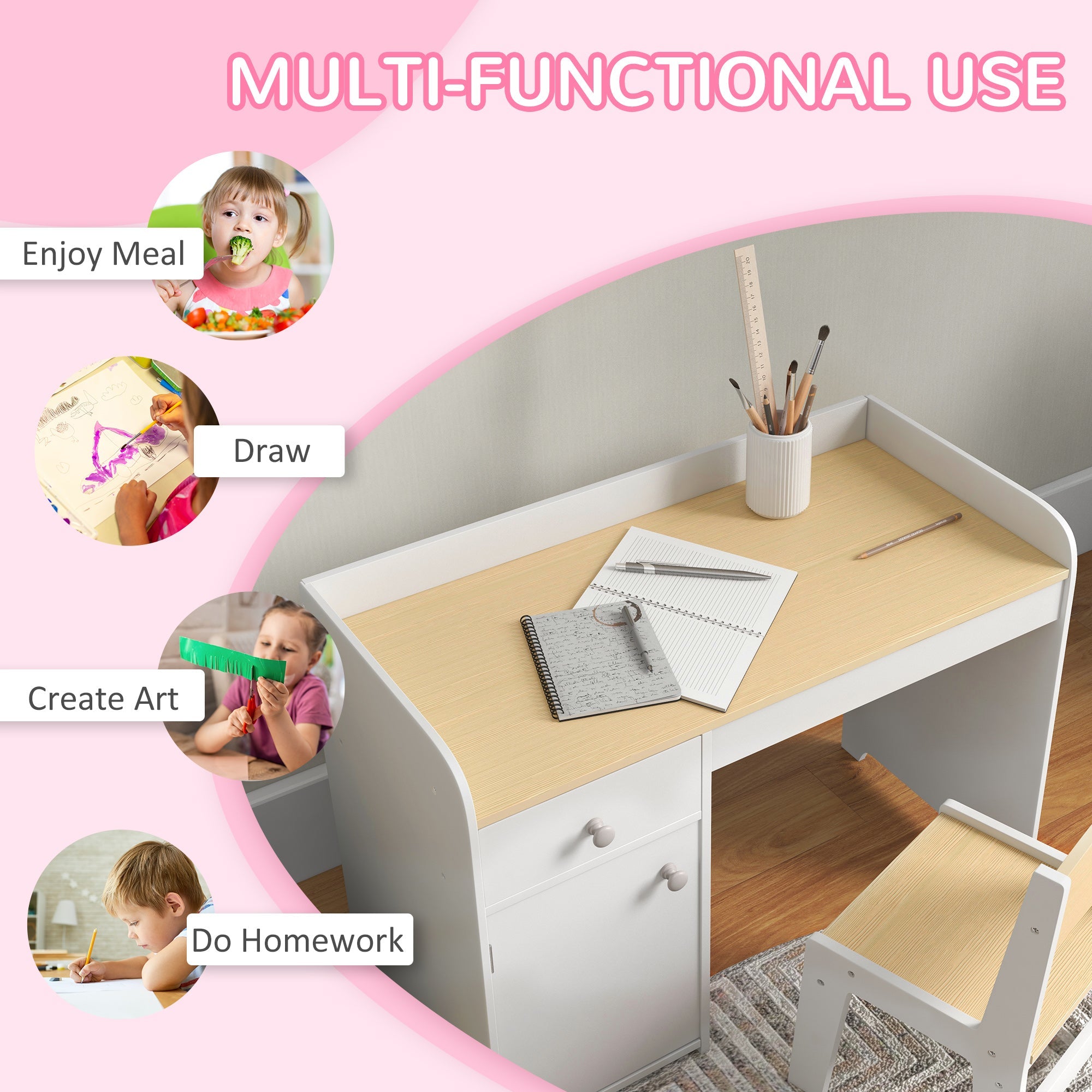 ZONEKIZ Kids Desk and Chair Set for 3-6 Year Old with Storage Drawer, Study Table and Chair for Children, White | Aosom UK