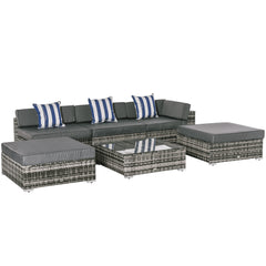 Kozy 6 PC Rattan Sofa Coffee Table Set Sectional Wicker Weave Furniture for Garden Outdoor Conservatory w/ Pillow Cushion Grey