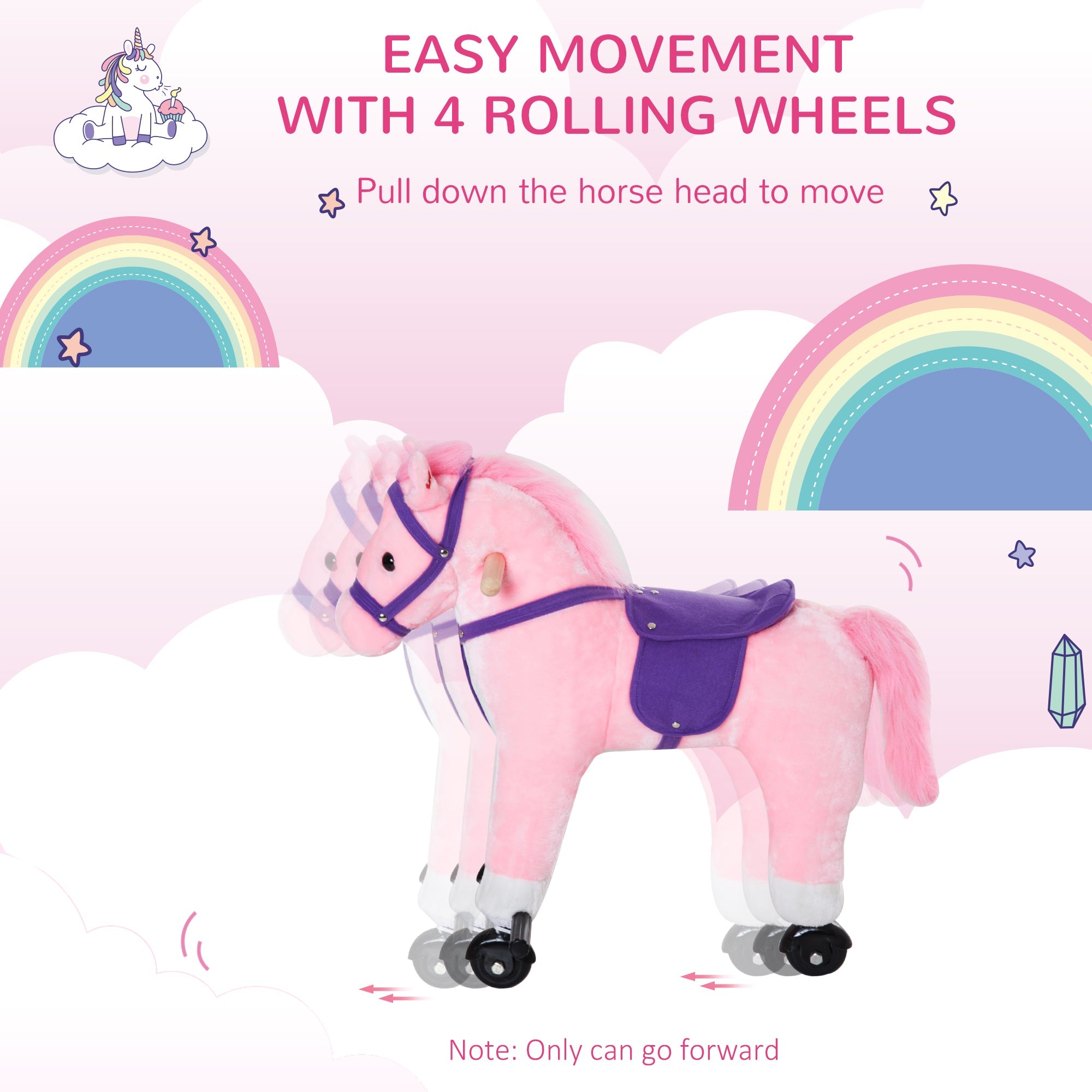 HOMCOM Rocking Steed: Plush Pink Toy with Rolling Wheels & Sound Effects for Toddlers, Blush Pink | Aosom UK