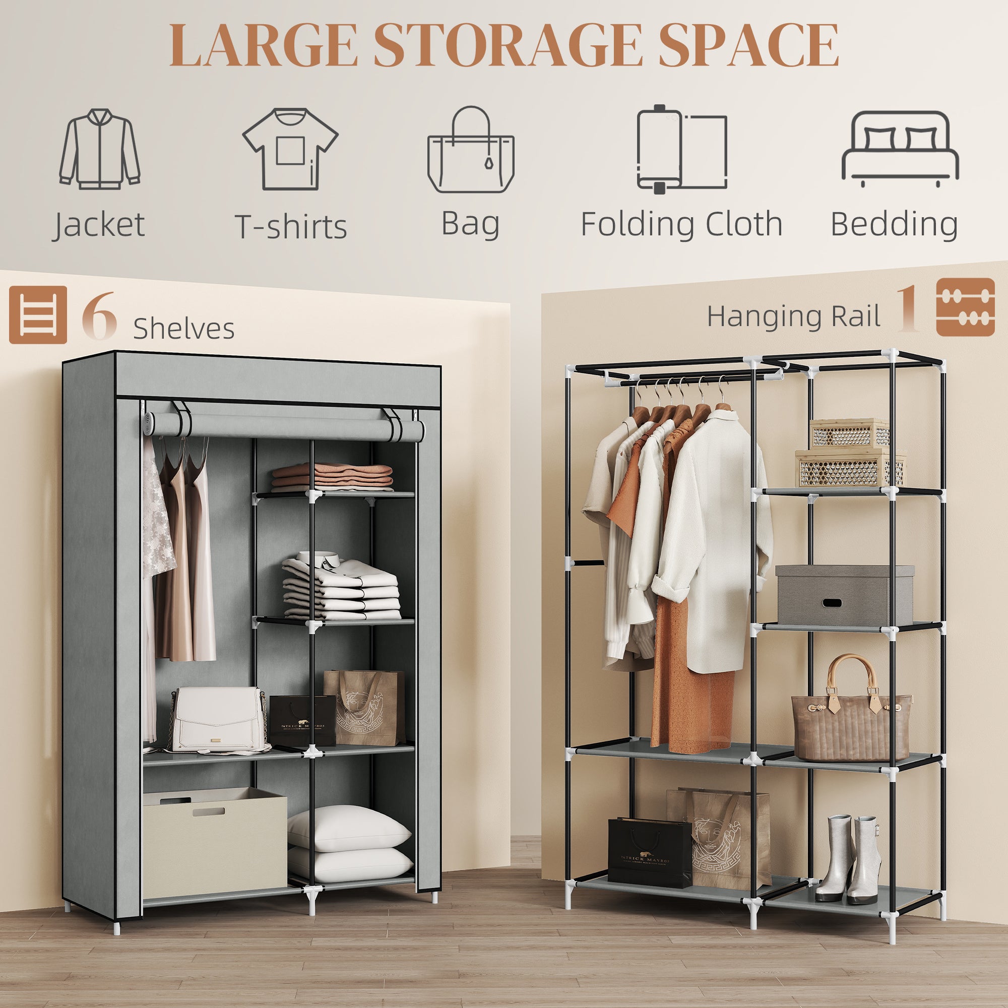 Kozy Fabric Wardrobe, Portable Wardrobe with 6 Shelves, 1 Hanging Rail, Foldable Closets, 103 x 43 x 162.5 cm, Light Grey