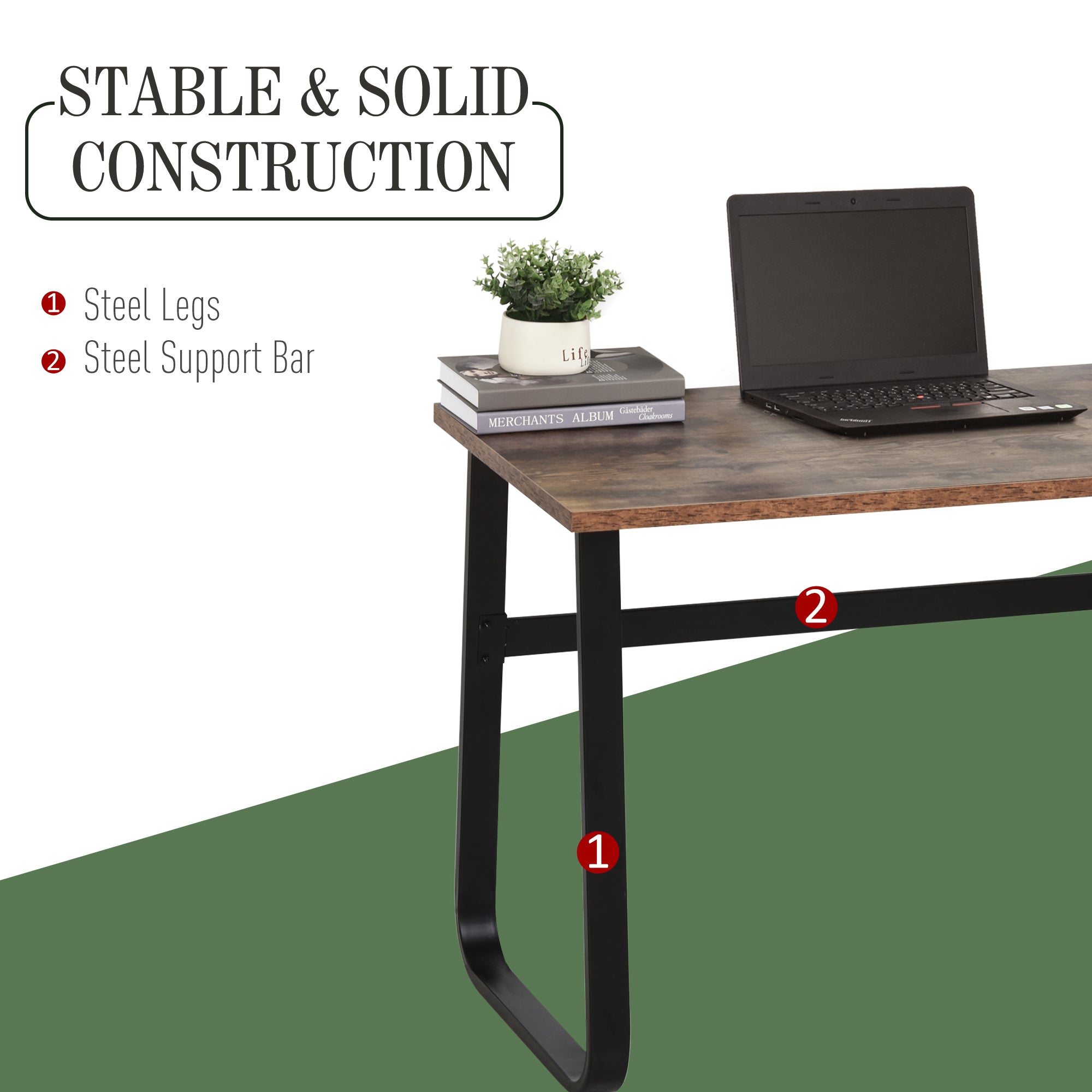 Kozy Computer Table, Writing Desk with Steel Frame and Wood Top, Industrial Home Study Table, 115 x 58 x 74.5cm, Rustic Brown and Black