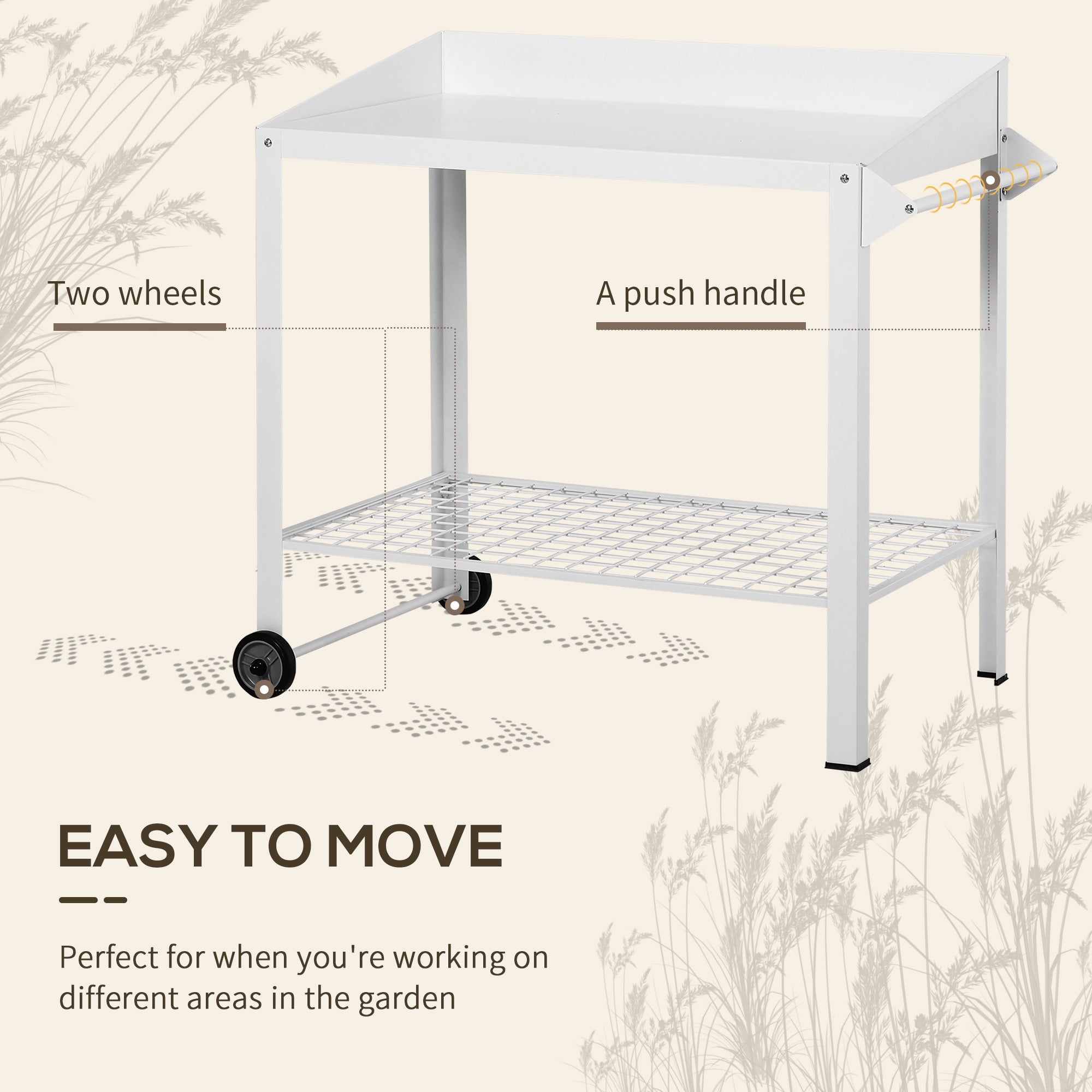 Outsunny Garden Outdoor Metal Potting Table Bench Planting Workstation Push Cart with Wheels Side Hanger