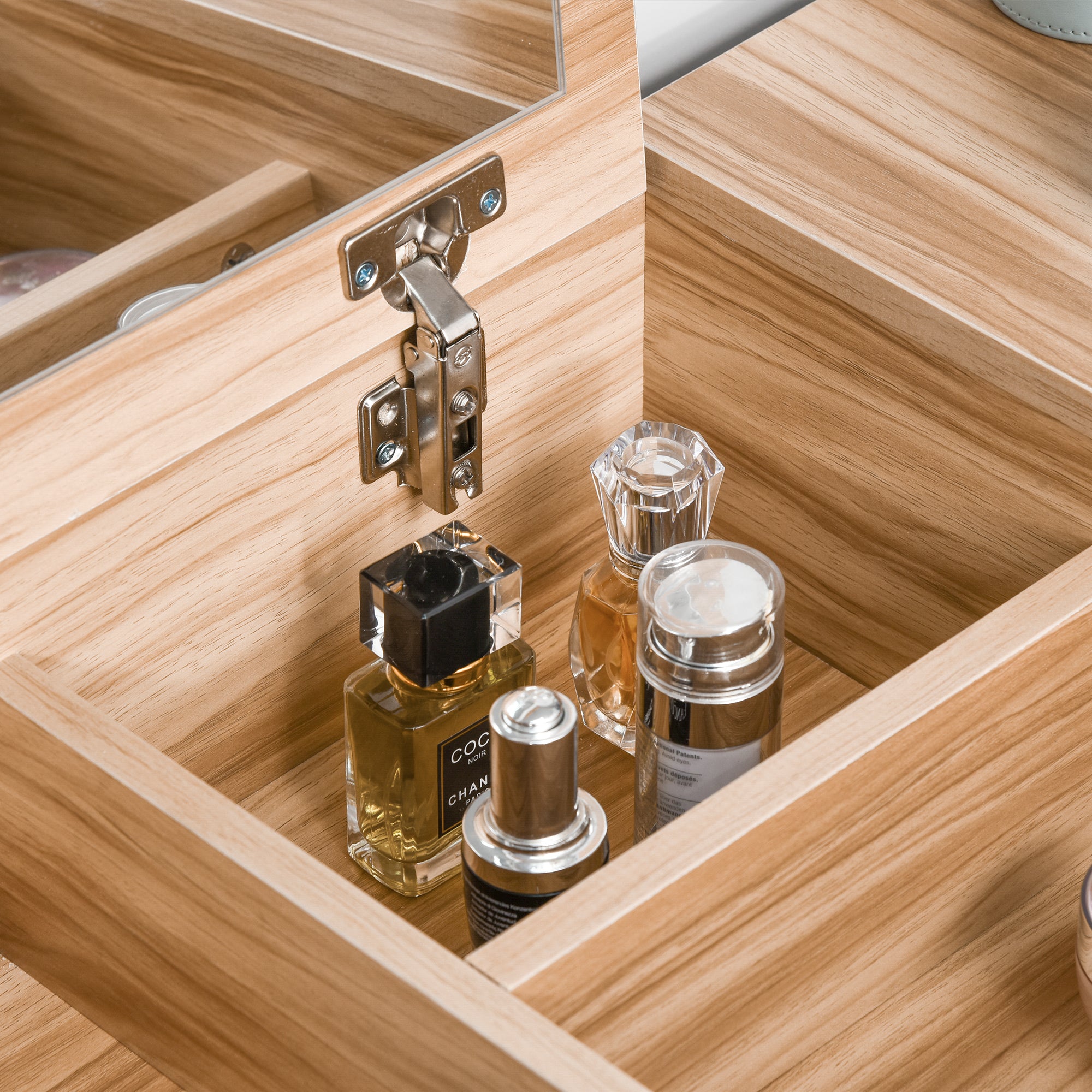 Kozy Dressing Table with Flip-Up Mirror and Cushioned Stool, Makeup Vanity Desk with Hidden Compartments and Storage Drawer, Convertible Writing Table for Bedroom, Natural