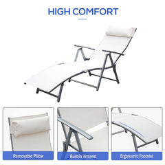 Outsunny Folding Sun Lounger, Steel Frame, Recliner Chaise, Headrest, 7 Position Adjustable, Cream White