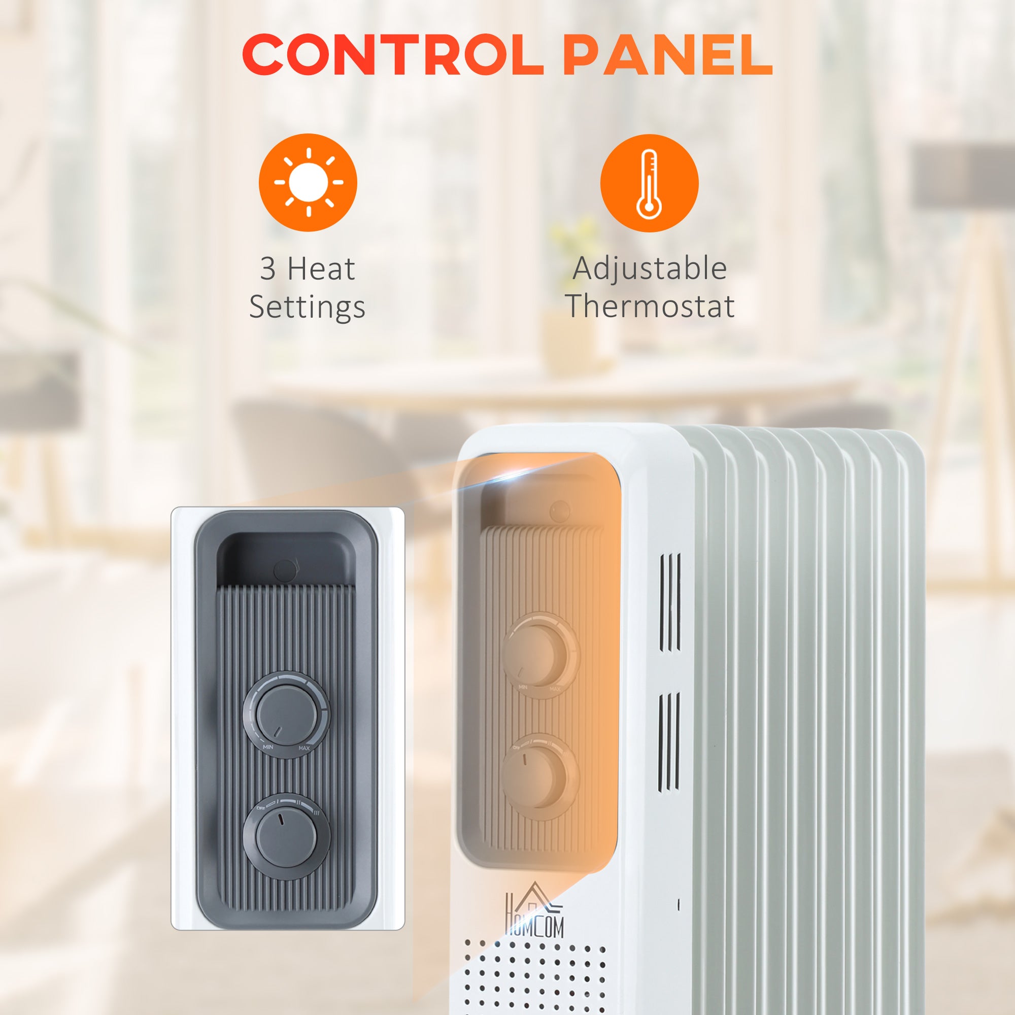 Kozy 2000W Oil Filled Radiator, 9 Fin, Portable Electric Heater with 3 Heat Settings, Safety Cut-Off and Wheels, White