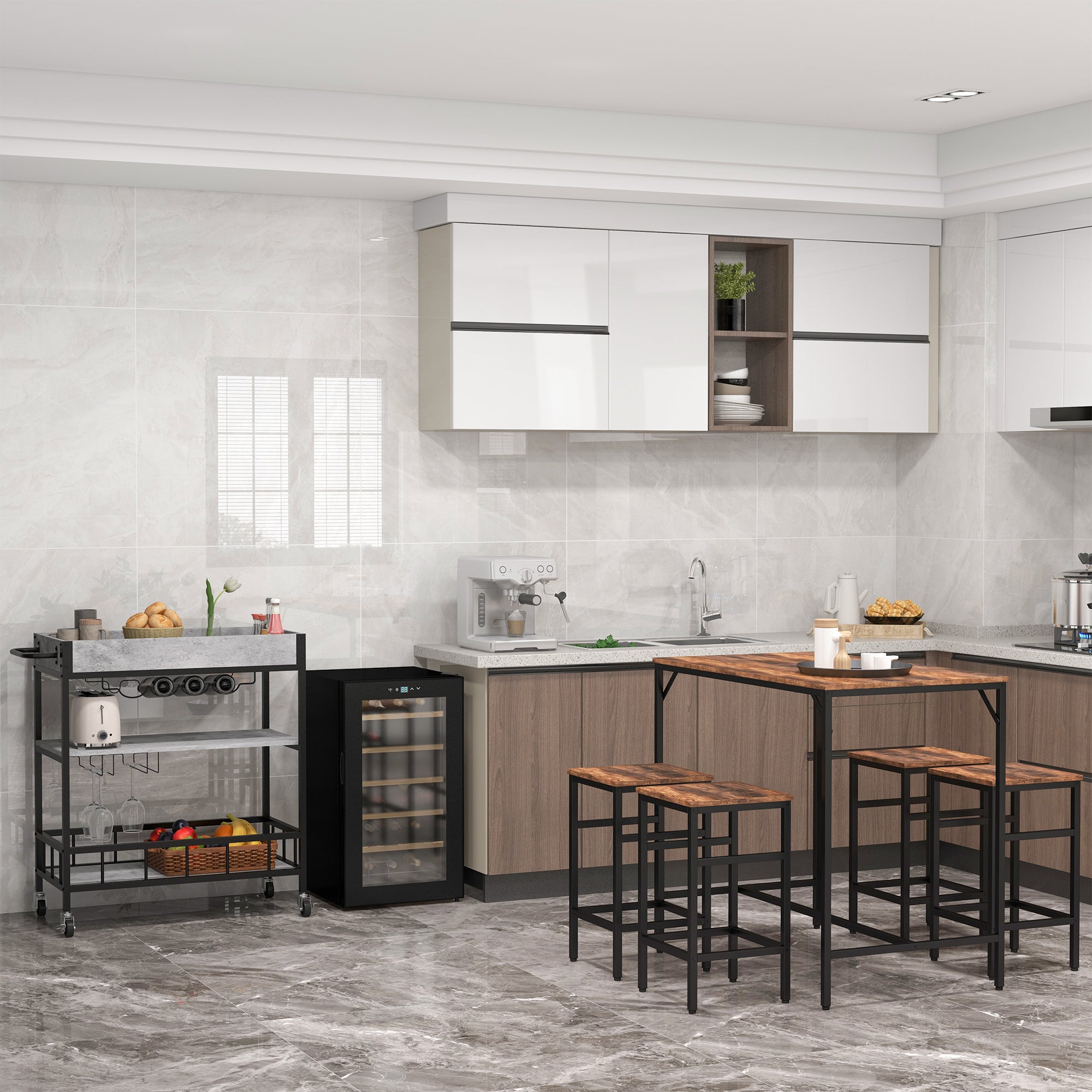 Kozy 5-Piece Breakfast Bar Table and Stools Set, Kitchen Bar Table Set with High Table and 4 Stools, Space Saving Compact Dining Furniture for Small Spaces, Rustic Brown