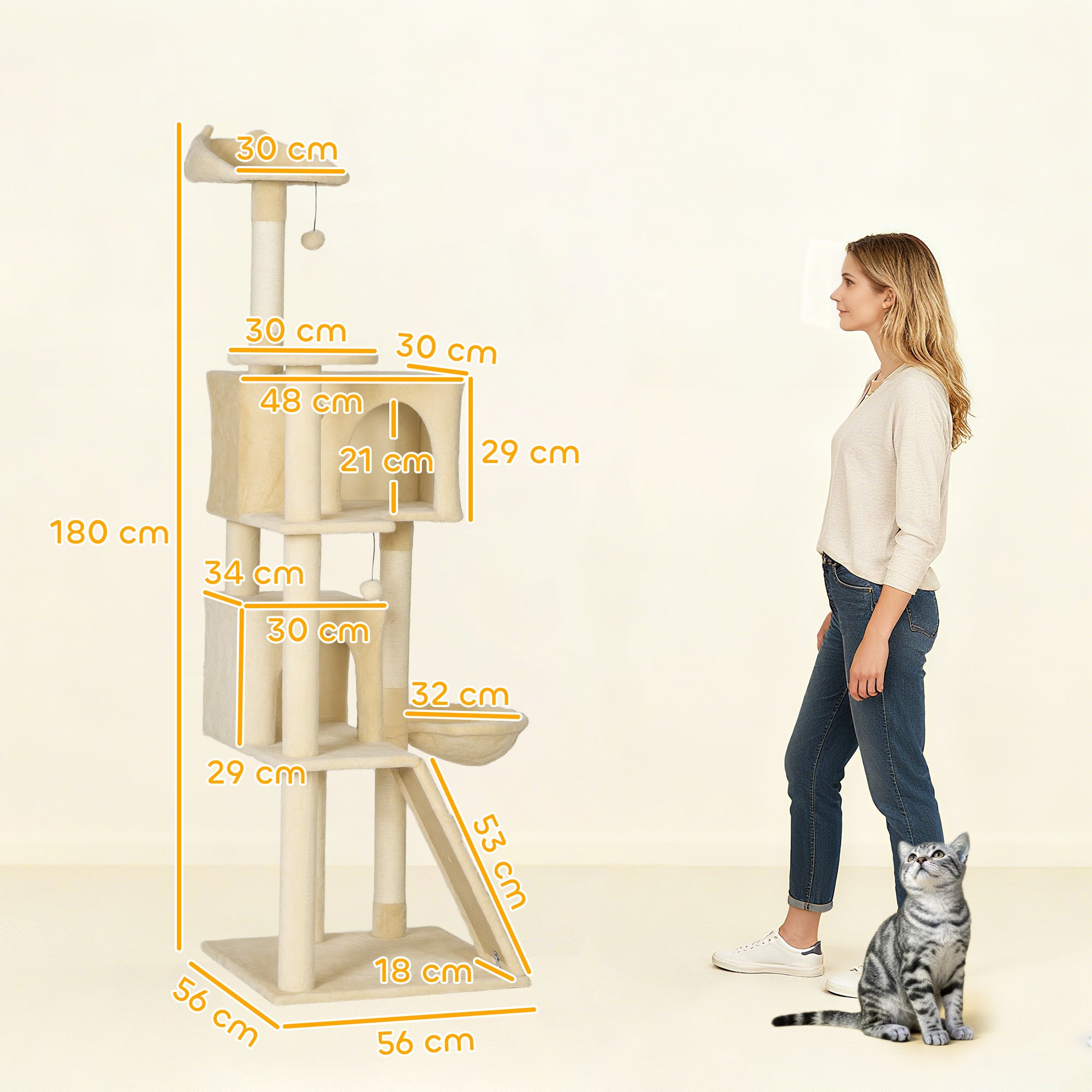 Kozy 180cm Large Cat Tree Tower with Sisal Scratching Posts, Condos, Plush Perches, Hammock, Ladder, Beige