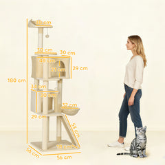 Kozy 180cm Large Cat Tree Tower with Sisal Scratching Posts, Condos, Plush Perches, Hammock, Ladder, Beige