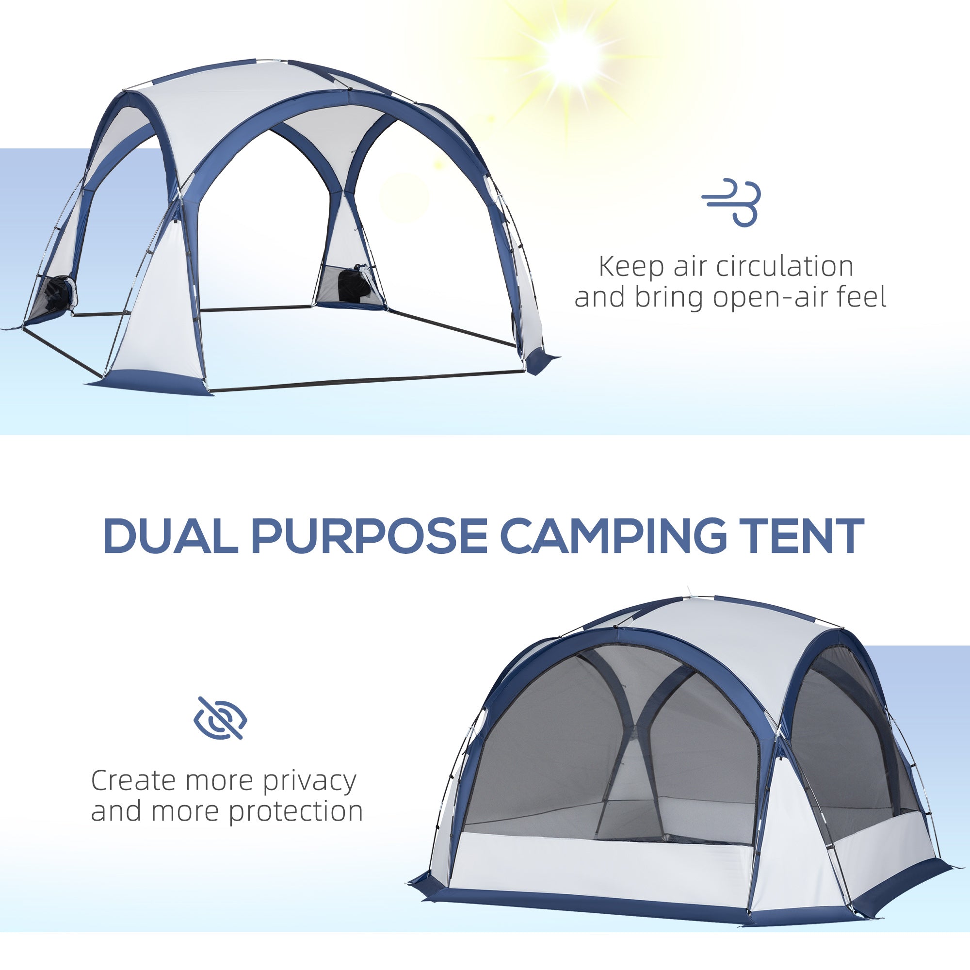 Kozy Dome Tent for 6-8 Person, Camping Tent with 4 Zipped Mesh Doors, Removable Oxford Cloth, Lamp Hook, Portable Carry Bag, White and Blue