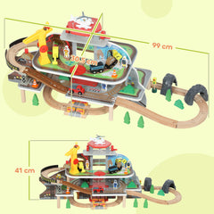 Kozy 79 Piece Wooden Train Set, Kids Train Track Mine Themed with Crane, Helicopter