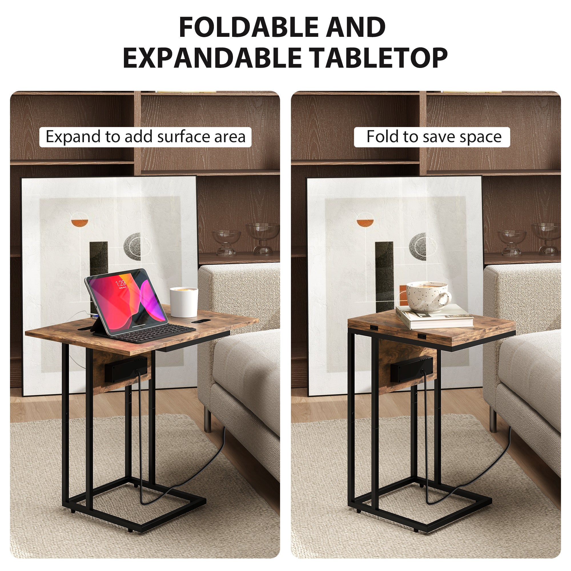 Kozy - C Shaped Side Table with Charging Station and Foldable Top - Rustic Brown