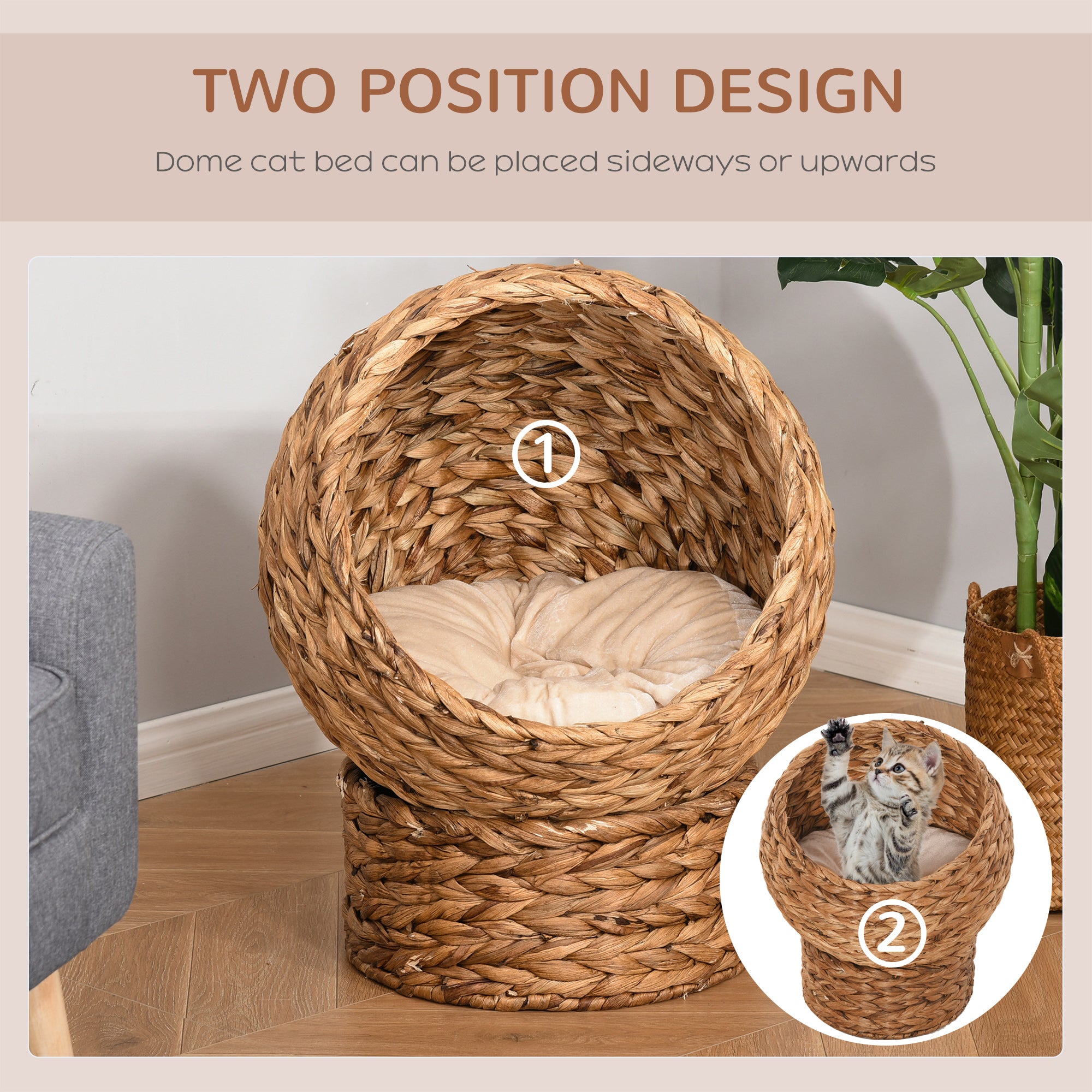 Kozy - Wicker Cat Bed, Raised Rattan Cat Basket with Cylindrical Base, Soft Washable Cushion, 40 x 37 x 51 cm - Brown