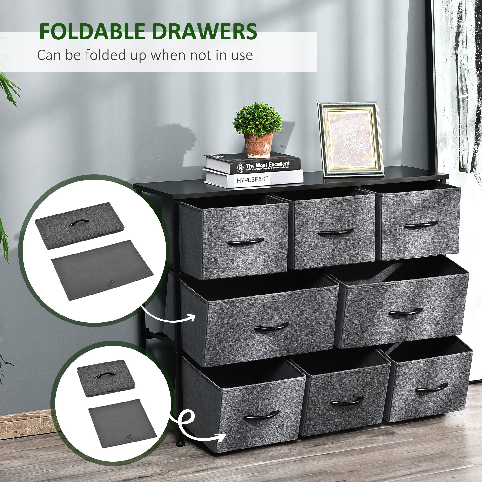 Kozy Chest of Drawers with 8 Foldable Drawers, 3-Tier Fabric Bedroom Dresser, Clothes Storage Unit for Bedroom Living Room, Dark Grey