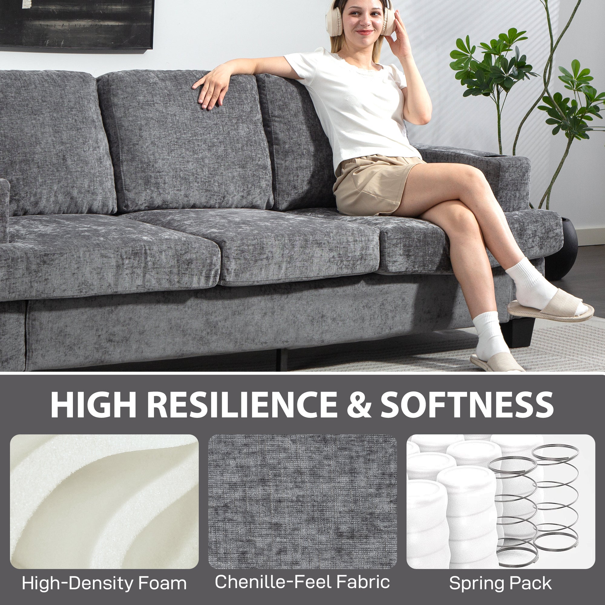 Kozy - 3 Seater Sofa with USB Ports & Cup Holders - Grey