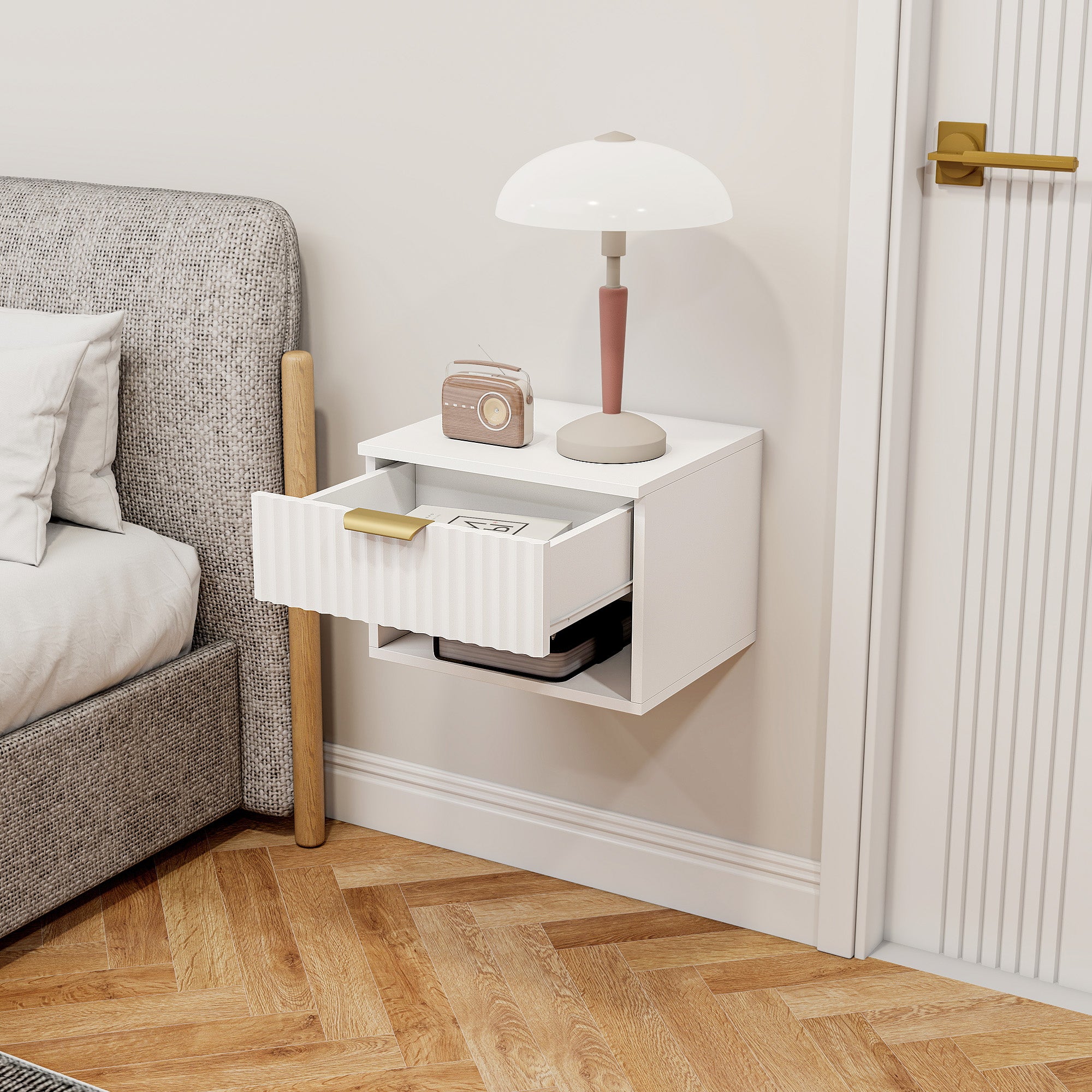 Kozy Floating Nightstands Set of 2, Modern Wall Mounted Bedside Tables with Fluted Drawer and Open Shelf for Bedroom, White